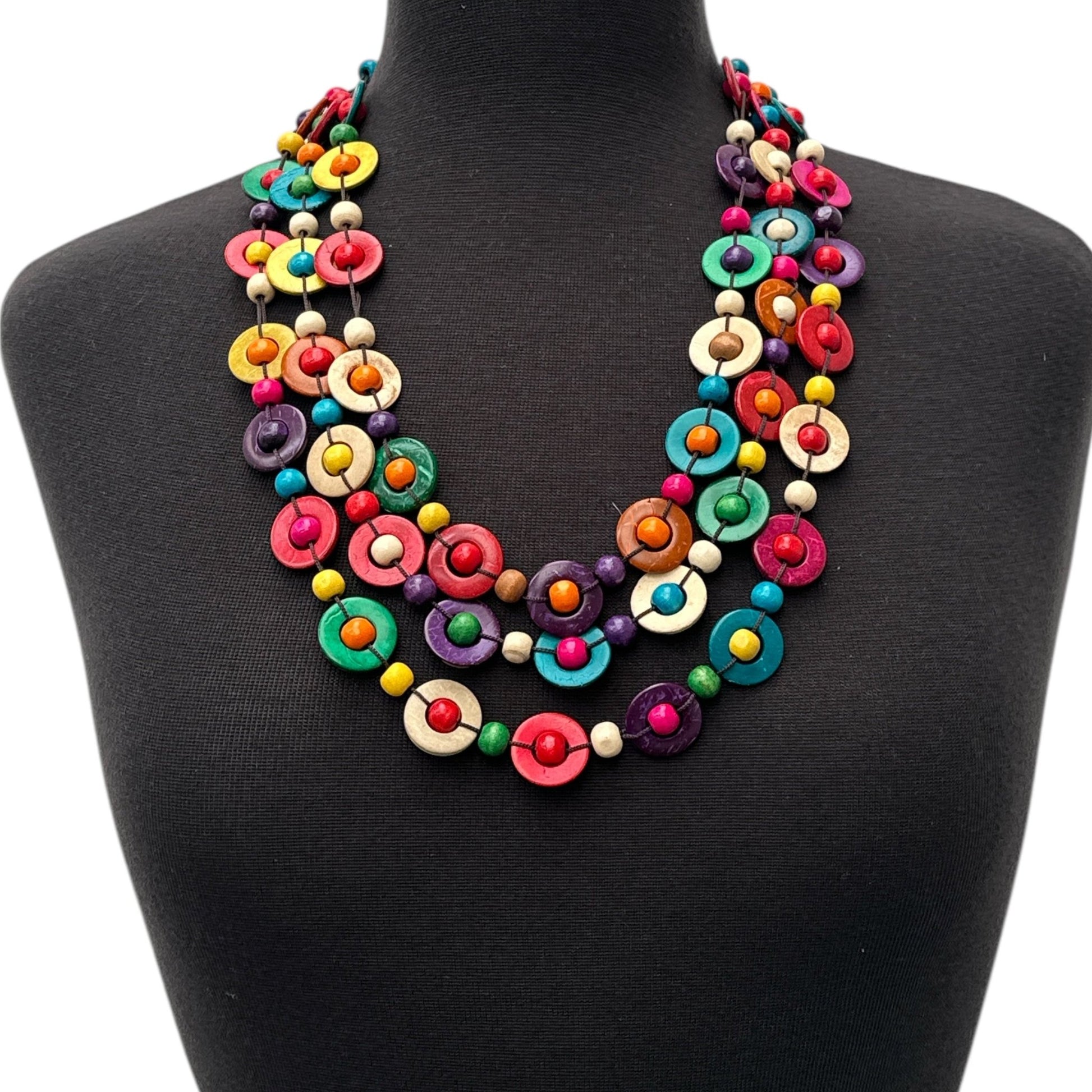 Bohemian Ethnic Multicolour Coconut Shell Necklace – Handmade Layered Statement Jewellery - Fatisha Boutique