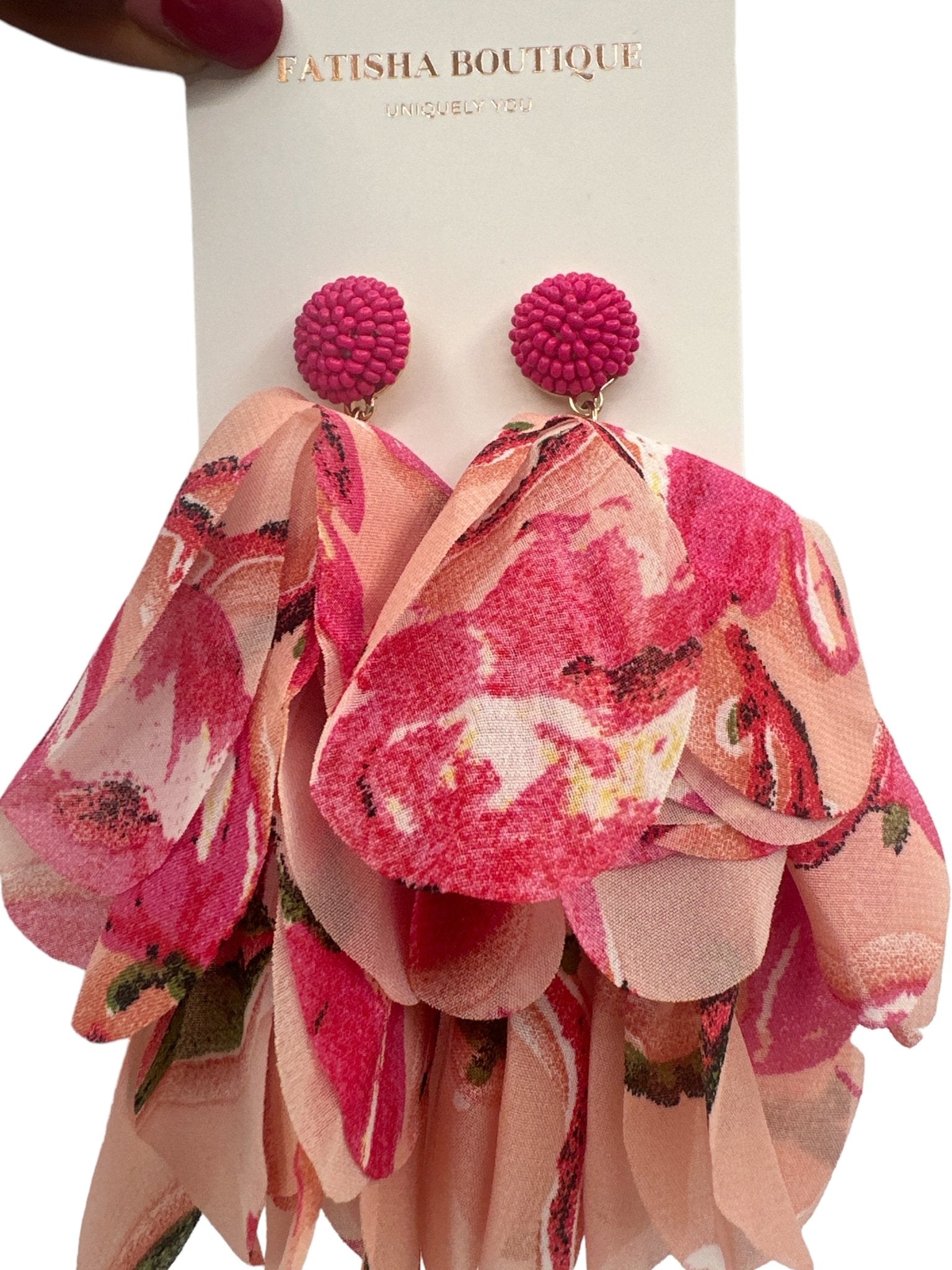 Bohemian Long - Fringed Petal Flowers Floral Pink Print Tassel Stud Dangle Earrings - Fatisha Boutique