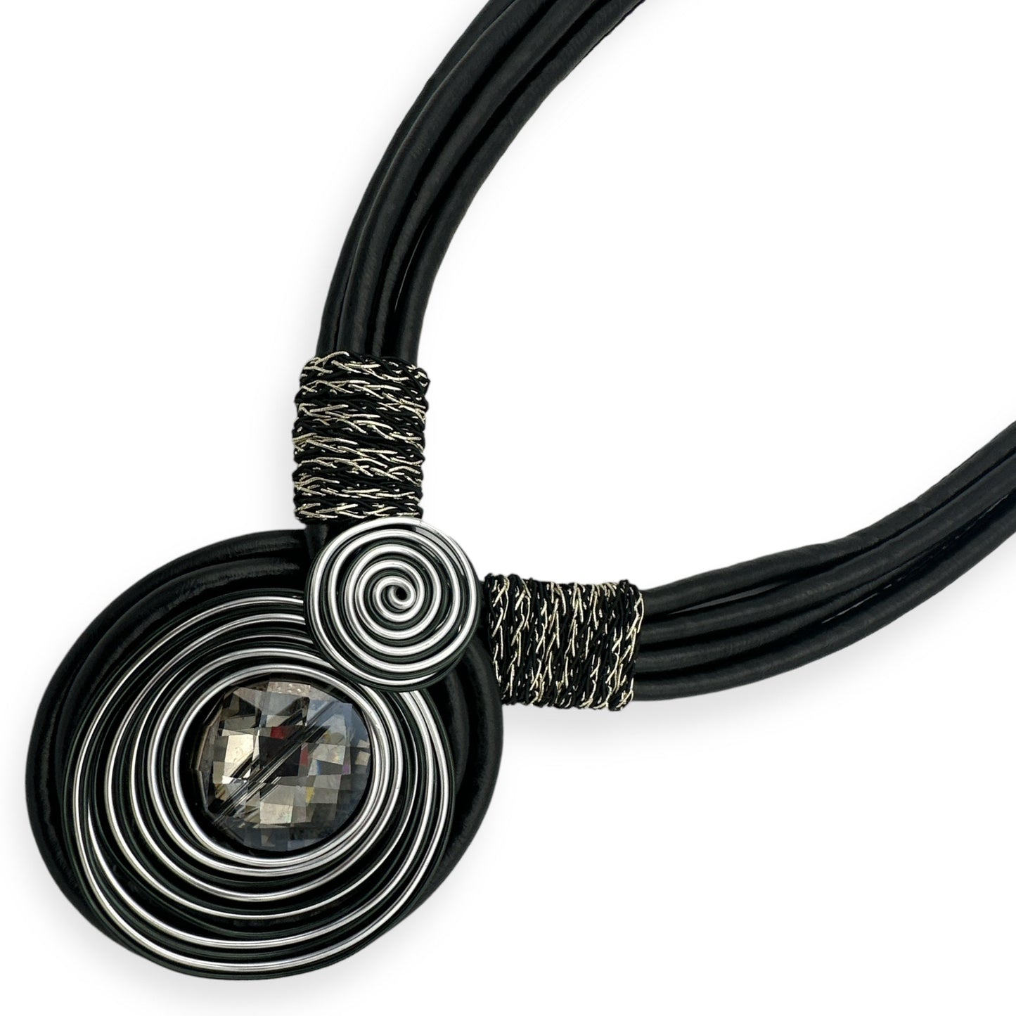 Bohemian Multi - Strand Faux Leather Crystal Centered Pendant Statement Necklace - Fatisha Boutique