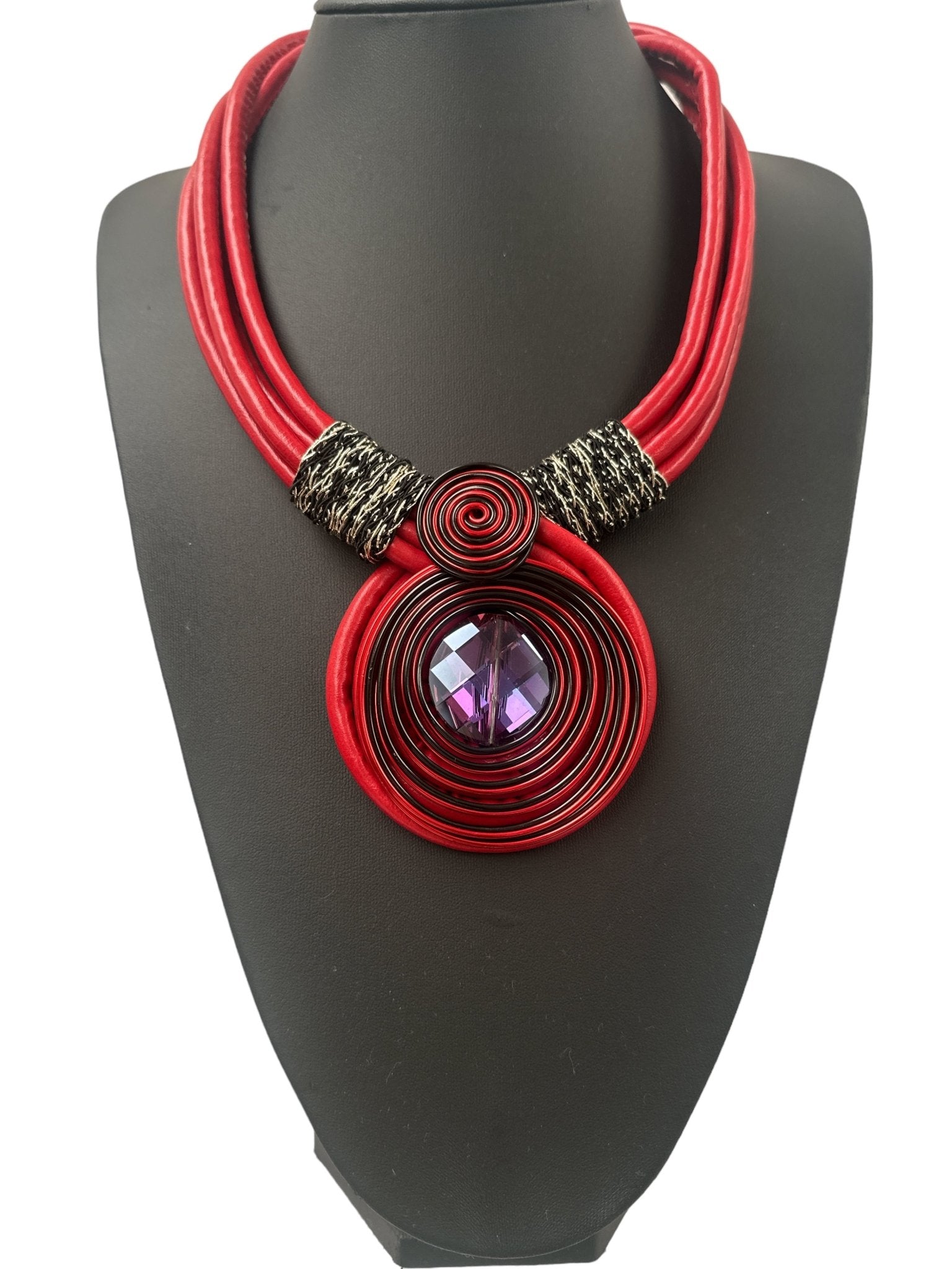 Bohemian Multi - Strand Faux Leather Crystal Centered Pendant Statement Necklace - Fatisha Boutique