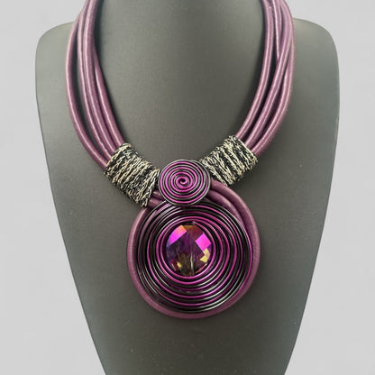 Bohemian Multi - Strand Faux Leather Crystal Centered Pendant Statement Necklace - Fatisha Boutique