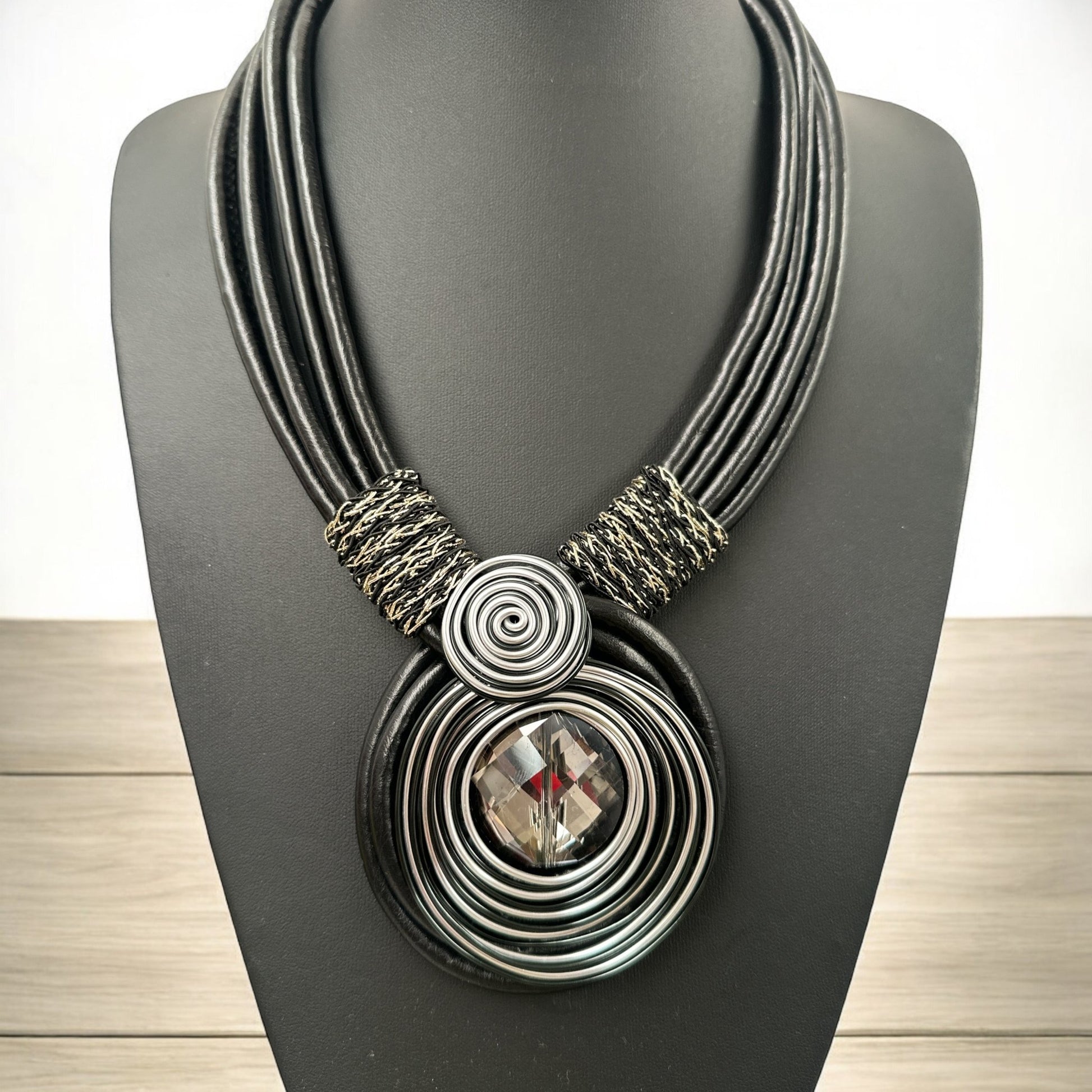 Bohemian Multi - Strand Faux Leather Crystal Centered Pendant Statement Necklace - Fatisha Boutique