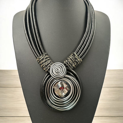 Bohemian Multi - Strand Faux Leather Crystal Centered Pendant Statement Necklace - Fatisha Boutique