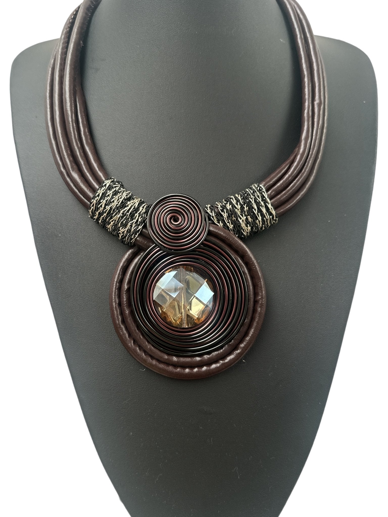 Bohemian Multi - Strand Faux Leather Crystal Centered Pendant Statement Necklace - Fatisha Boutique