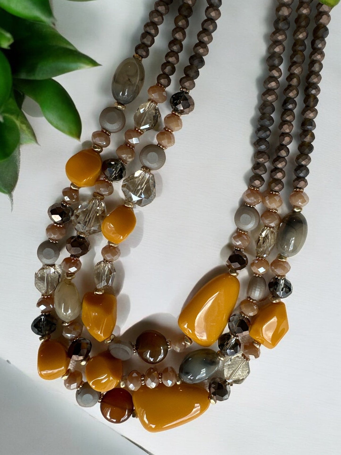 Bohemian Multi - Strand Statement Necklace - Yellow and Brown Beaded Chunky Necklace - Fatisha Boutique
