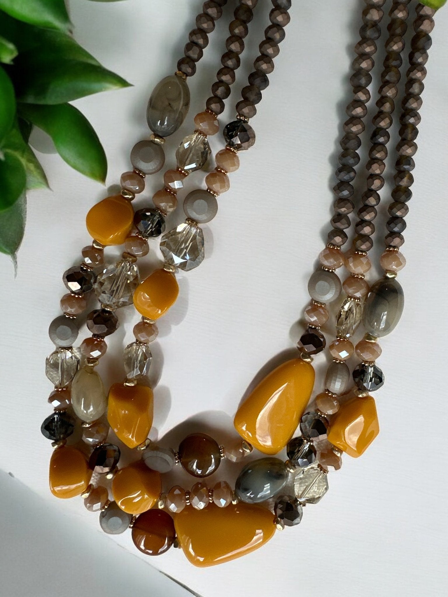Bohemian Multi - Strand Statement Necklace - Yellow and Brown Beaded Chunky Necklace - Fatisha Boutique