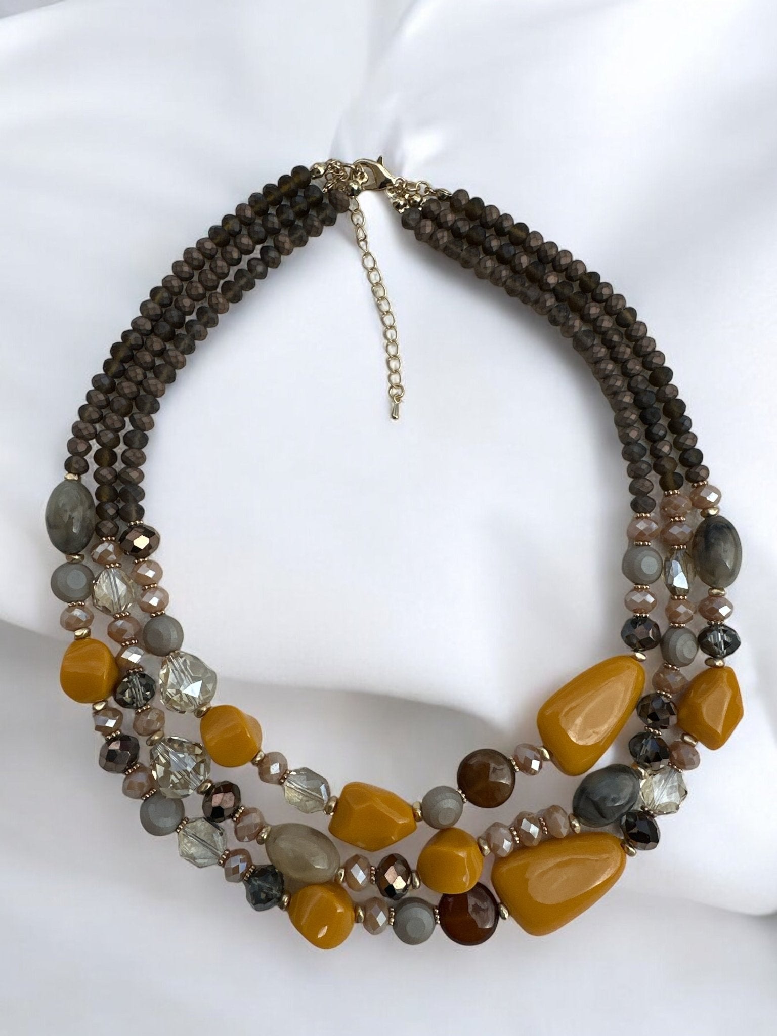 Bohemian Multi - Strand Statement Necklace - Yellow and Brown Beaded Chunky Necklace - Fatisha Boutique