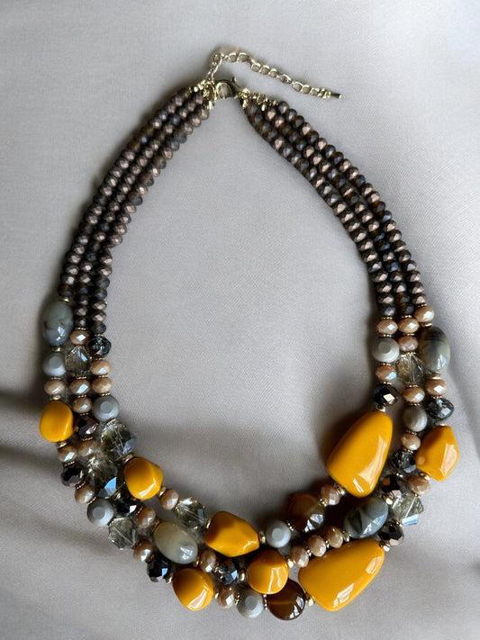 Bohemian Multi - Strand Statement Necklace - Yellow and Brown Beaded Chunky Necklace - Fatisha Boutique