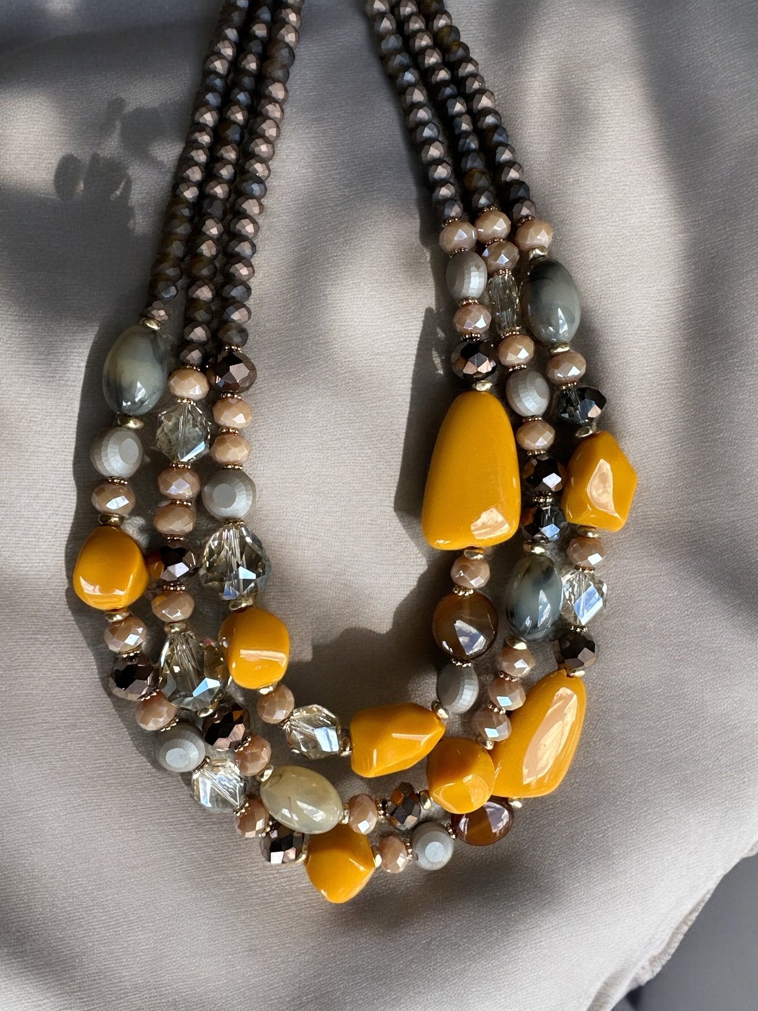 Bohemian Multi - Strand Statement Necklace - Yellow and Brown Beaded Chunky Necklace - Fatisha Boutique