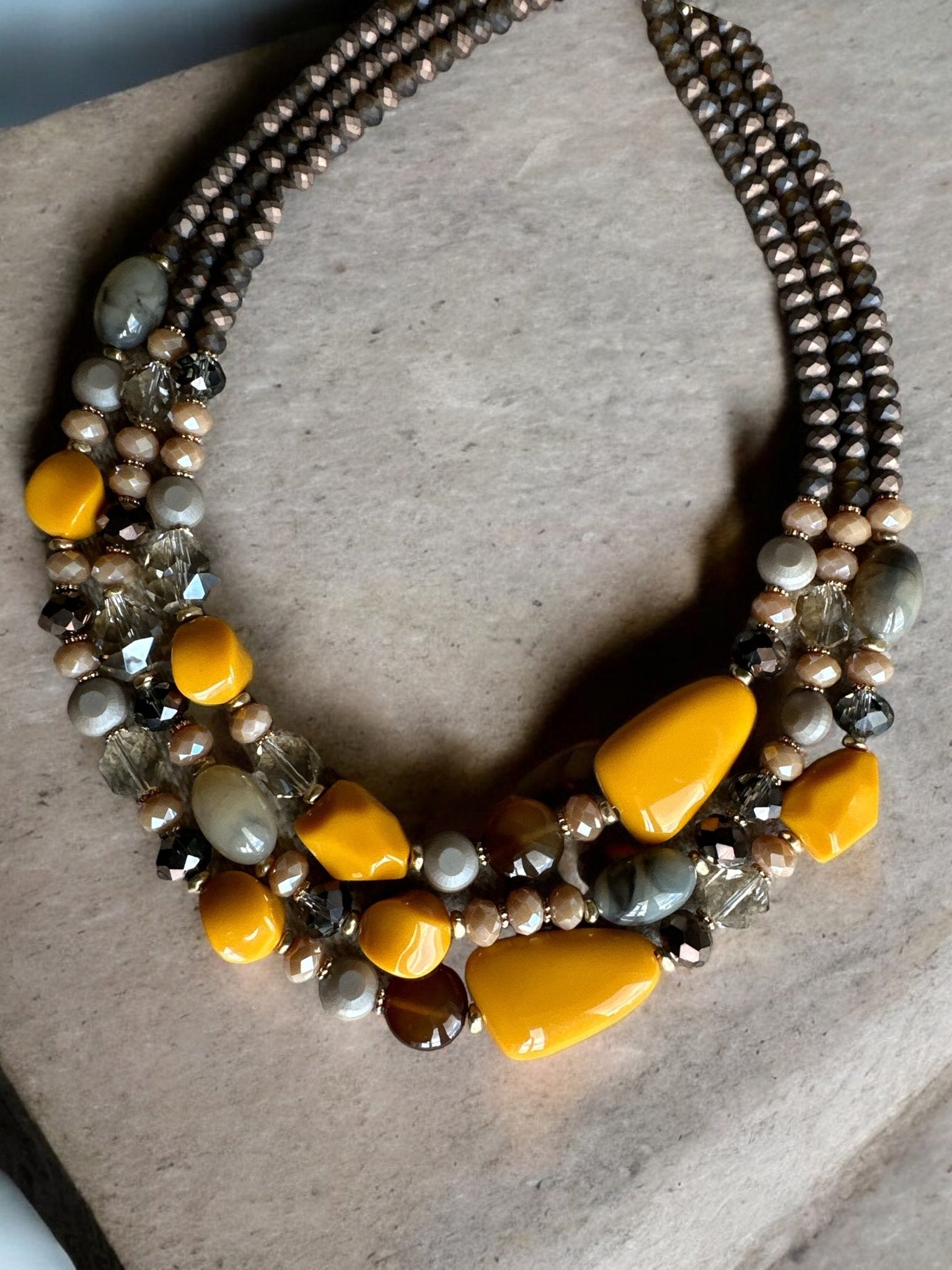 Bohemian Multi - Strand Statement Necklace - Yellow and Brown Beaded Chunky Necklace - Fatisha Boutique