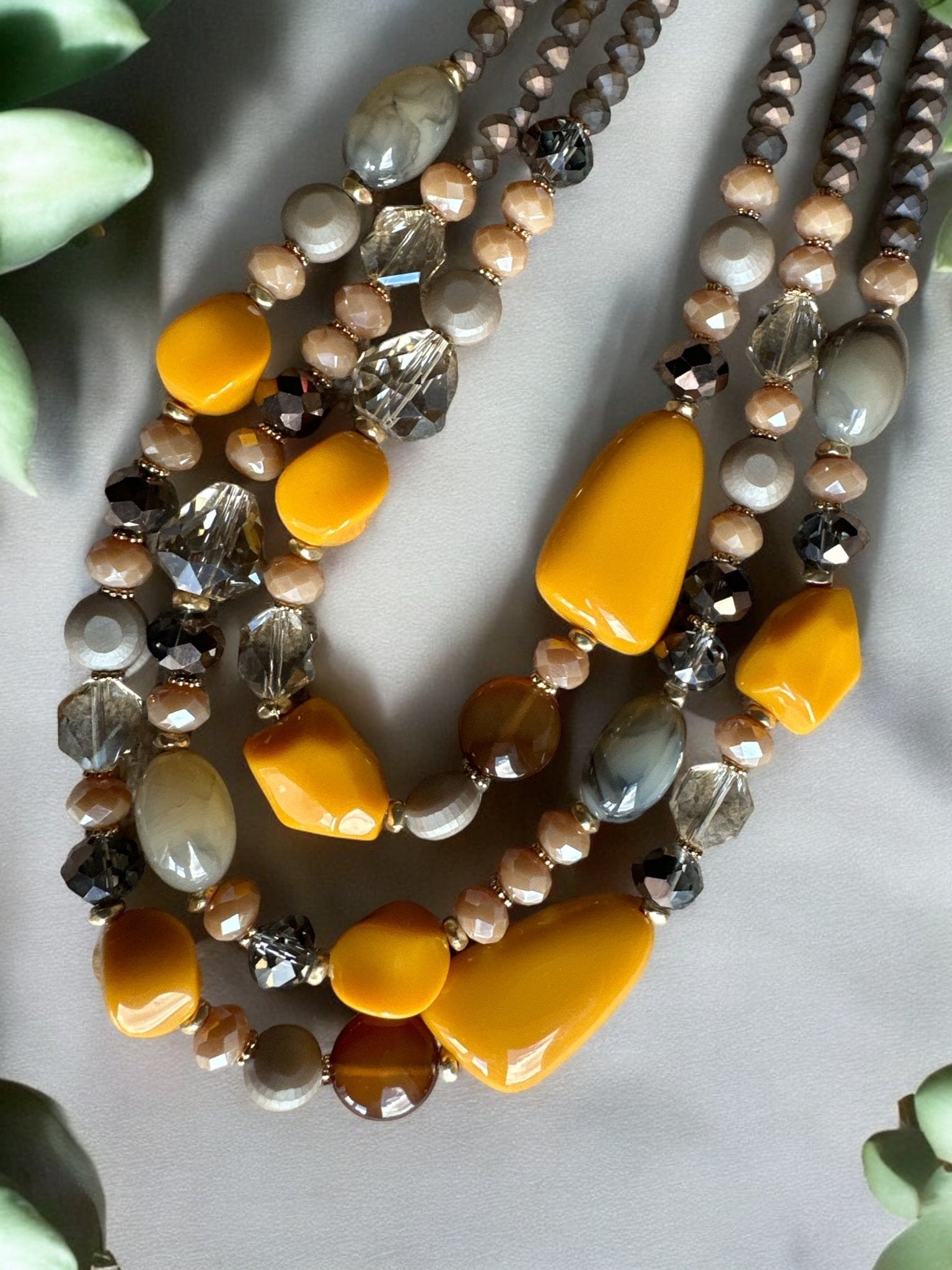 Bohemian Multi - Strand Statement Necklace - Yellow and Brown Beaded Chunky Necklace - Fatisha Boutique