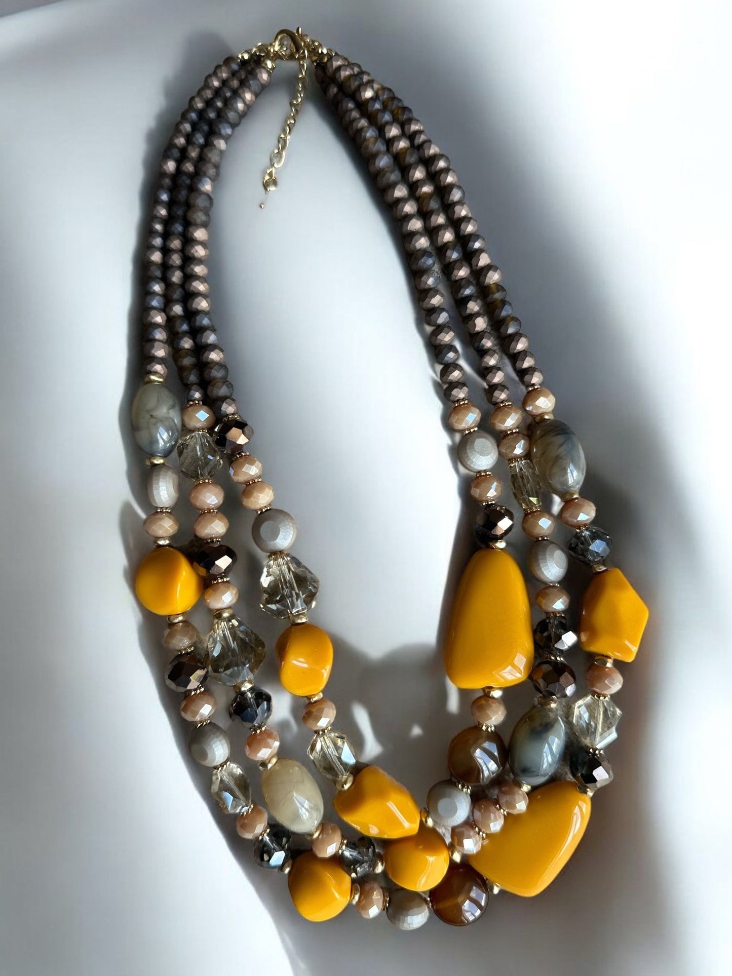 Bohemian Multi - Strand Statement Necklace - Yellow and Brown Beaded Chunky Necklace - Fatisha Boutique