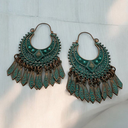 Bohemian Vintage Tribal Drop Earrings - Antique Bronze and Turquoise Statement Earrings - Fatisha Boutique