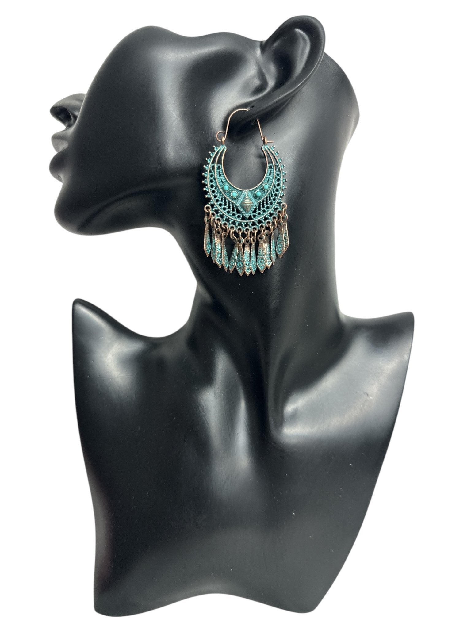 Bohemian Vintage Tribal Drop Earrings - Antique Bronze and Turquoise Statement Earrings - Fatisha Boutique
