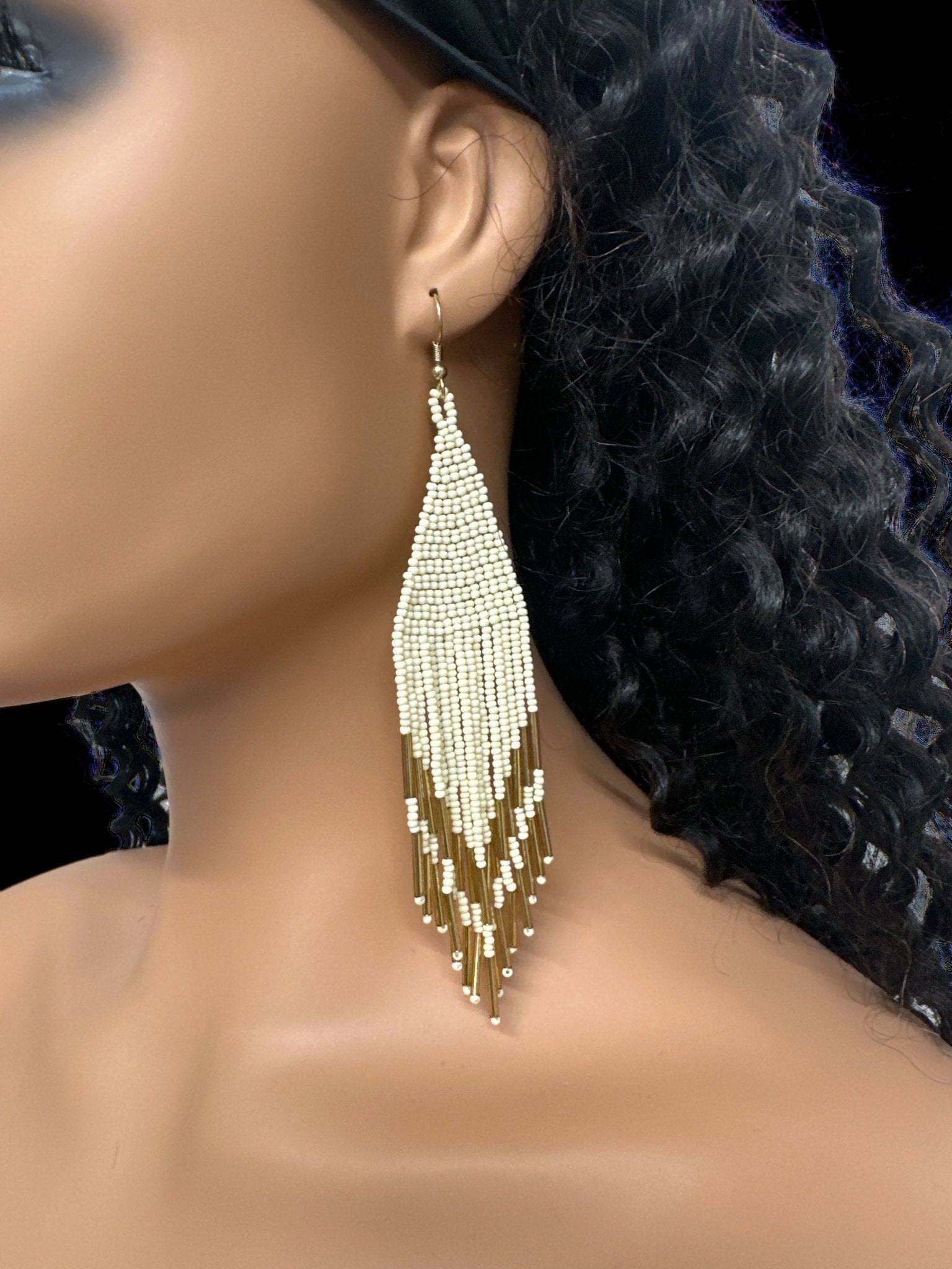 Boho Handmade Ivory and Gold Beaded Fringe Earrings - Fatisha Boutique