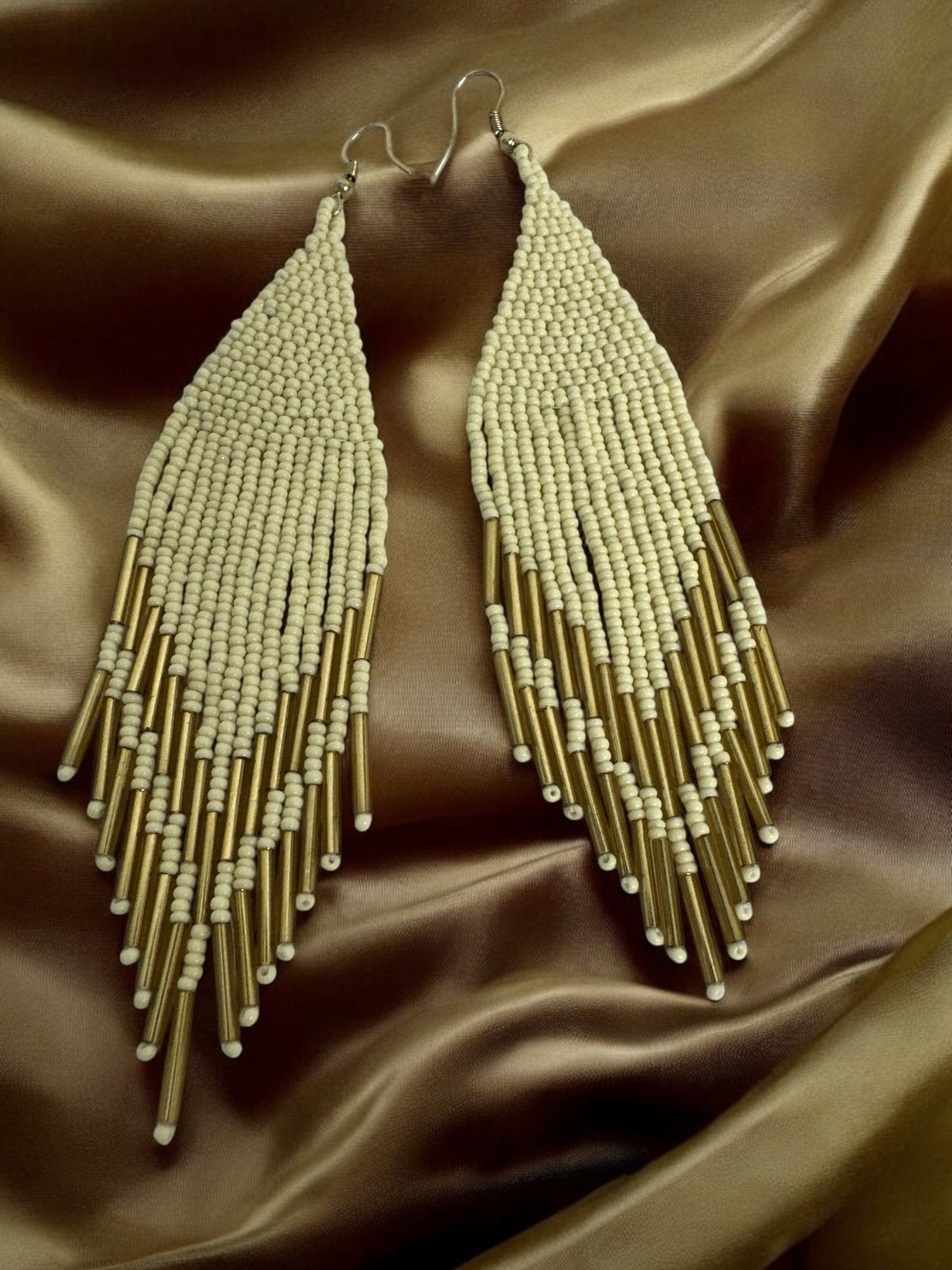 Boho Handmade Ivory and Gold Beaded Fringe Earrings - Fatisha Boutique