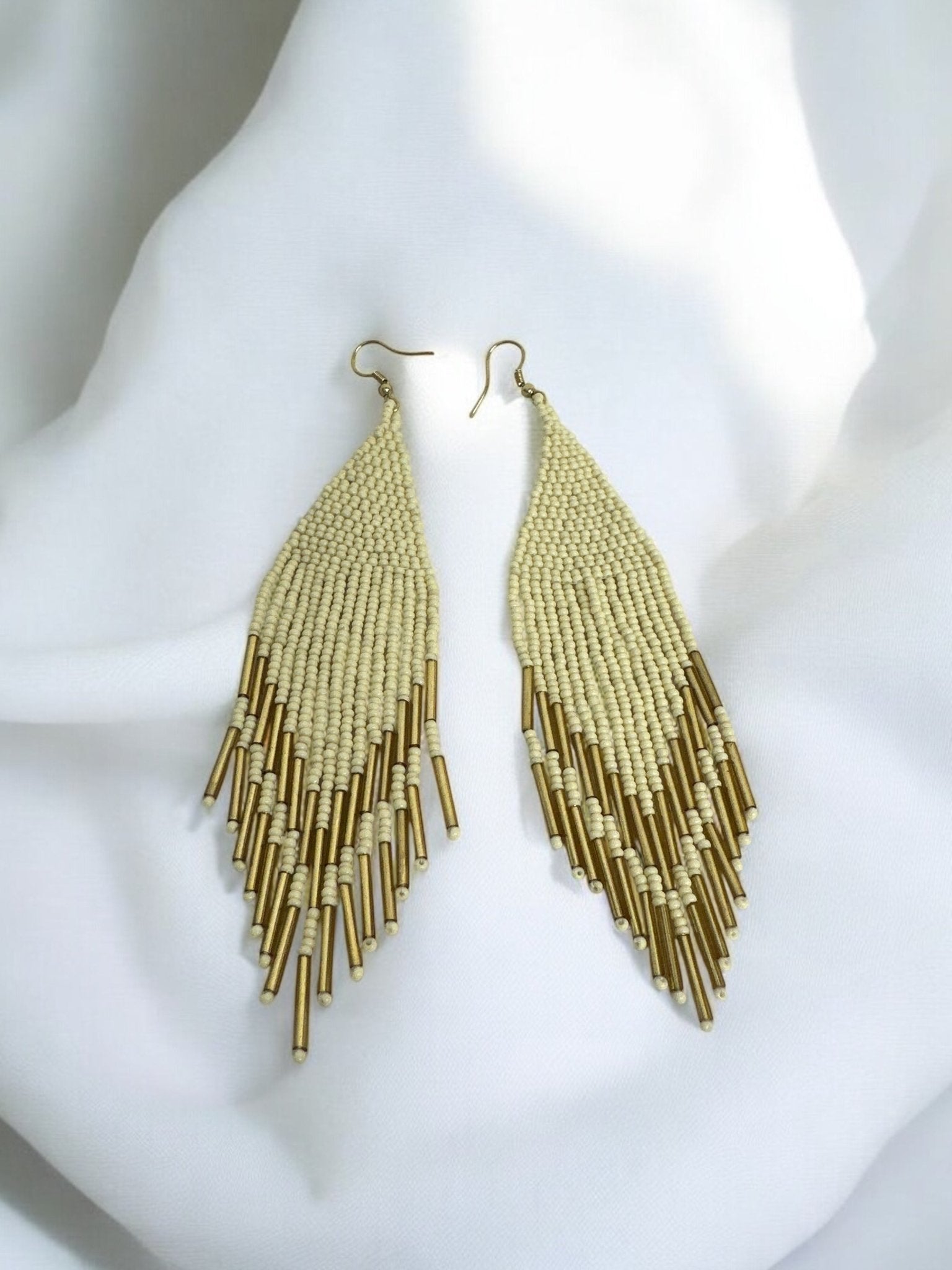 Boho Handmade Ivory and Gold Beaded Fringe Earrings - Fatisha Boutique