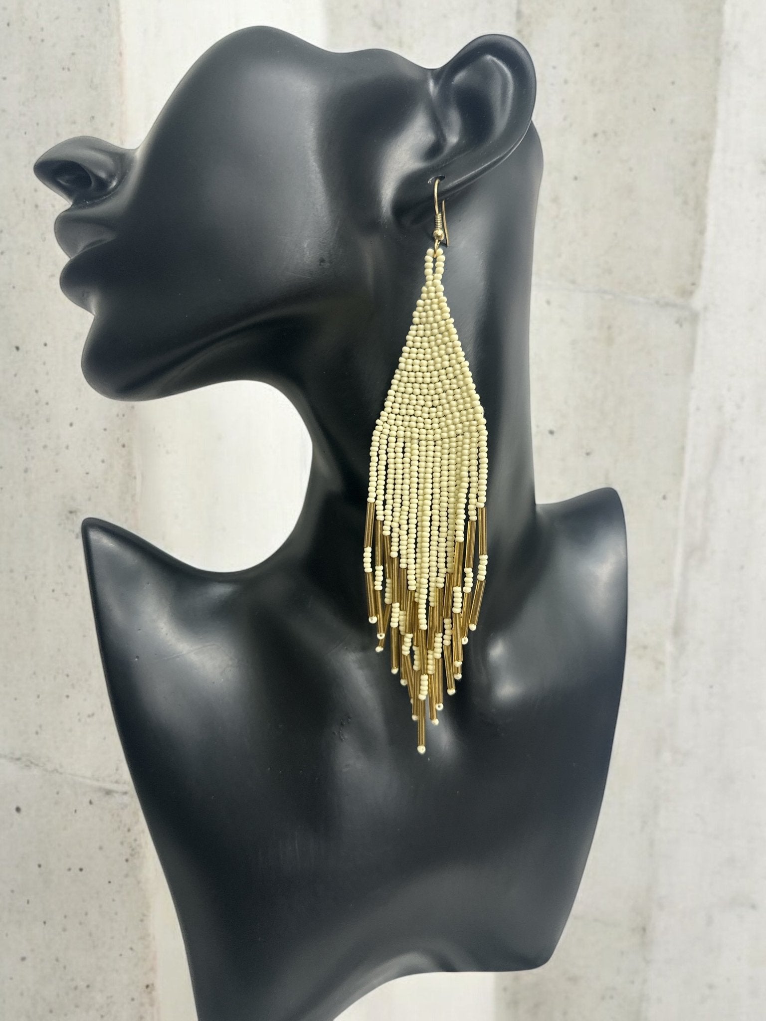 Boho Handmade Ivory and Gold Beaded Fringe Earrings - Fatisha Boutique