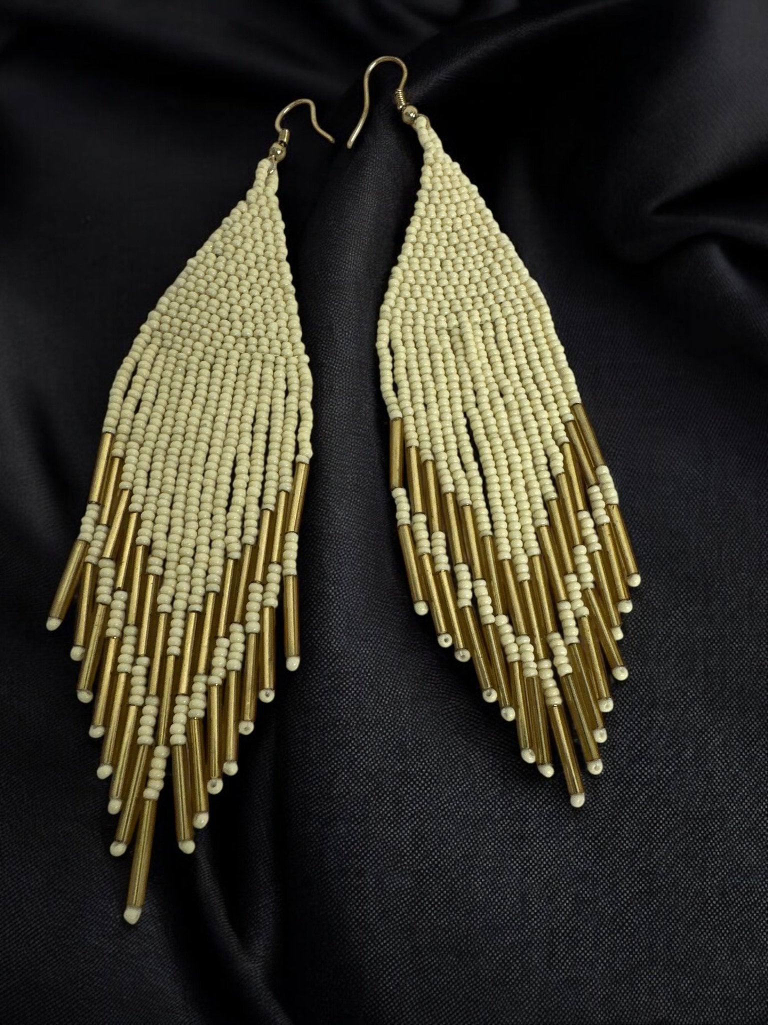 Boho Handmade Ivory and Gold Beaded Fringe Earrings - Fatisha Boutique