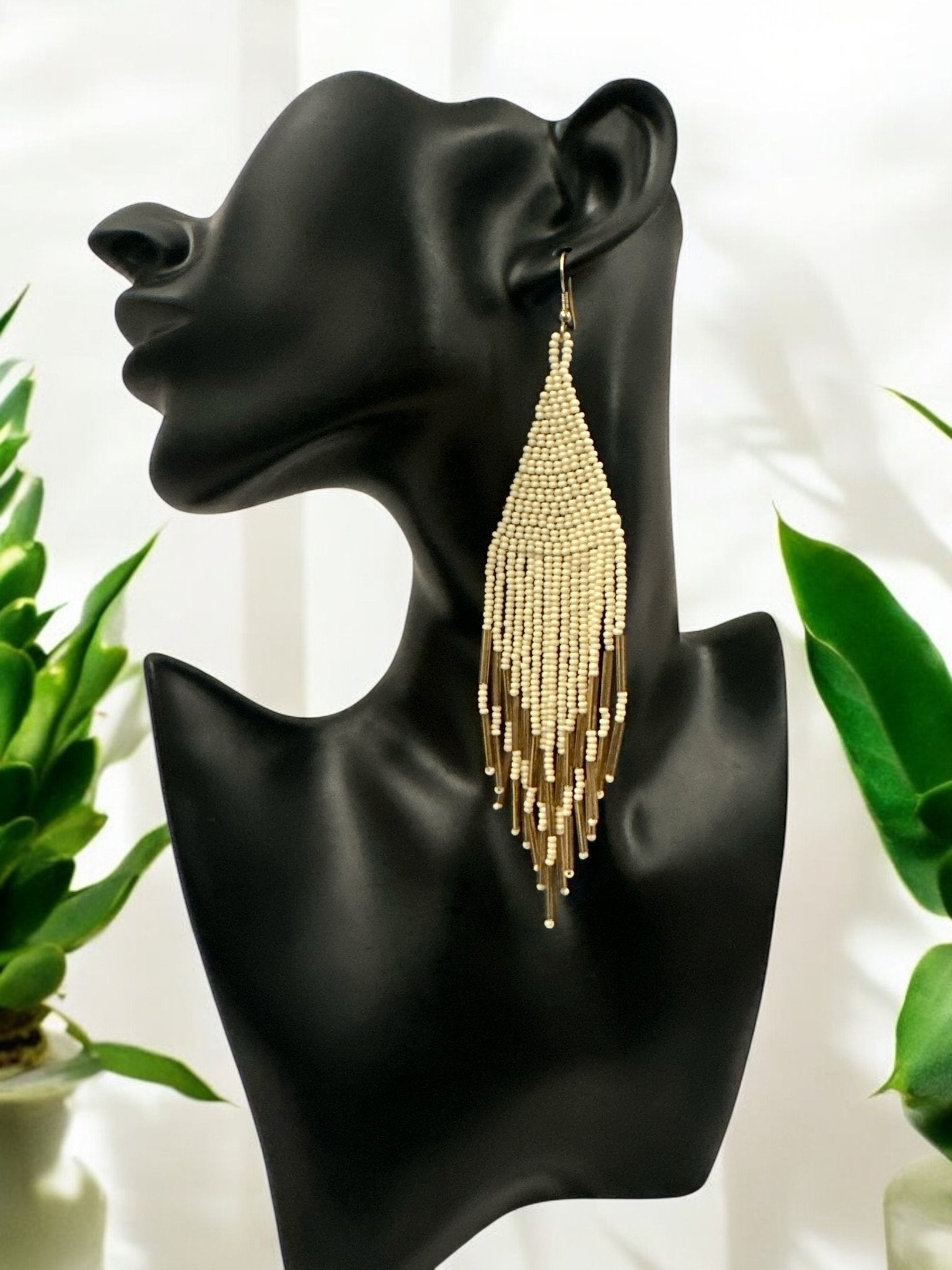 Boho Handmade Ivory and Gold Beaded Fringe Earrings - Fatisha Boutique