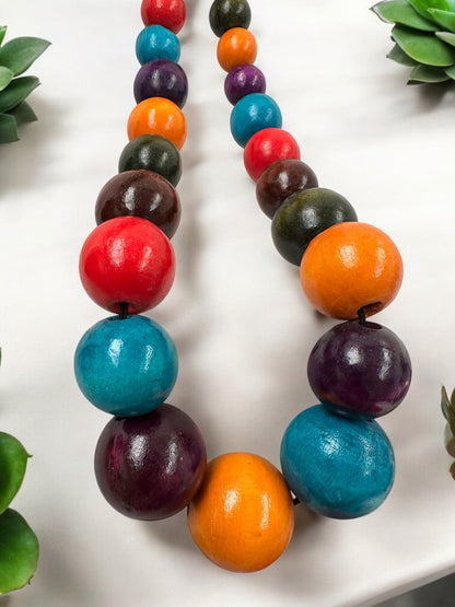 Boho Multicolour Wooden Bead Necklace – Chunky Ethnic Handmade Statement Jewellery - Fatisha Boutique