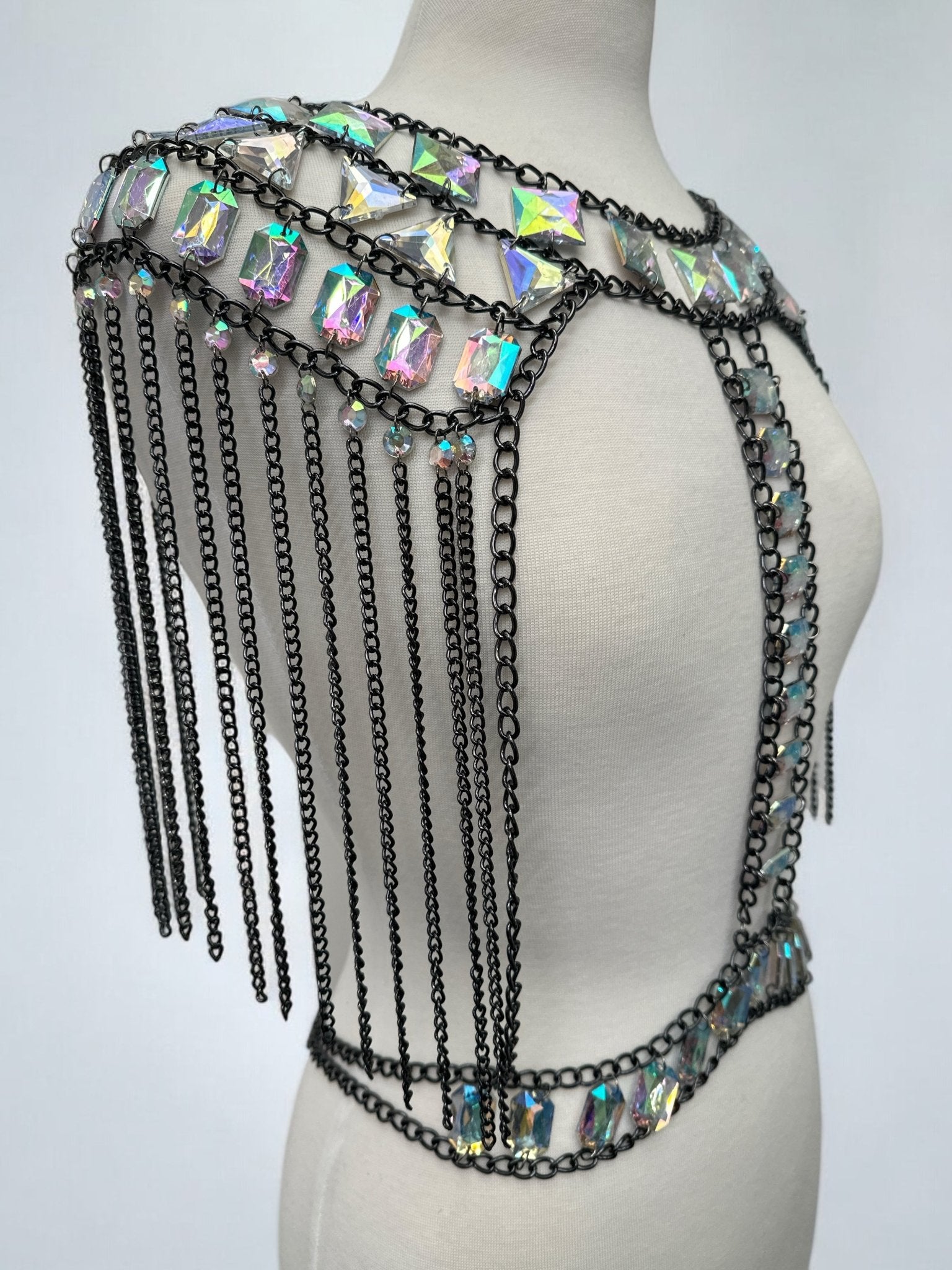 Boho Shoulder Rhinestone Tassel Body Chain – Festival Statement Jewellery - Fatisha Boutique