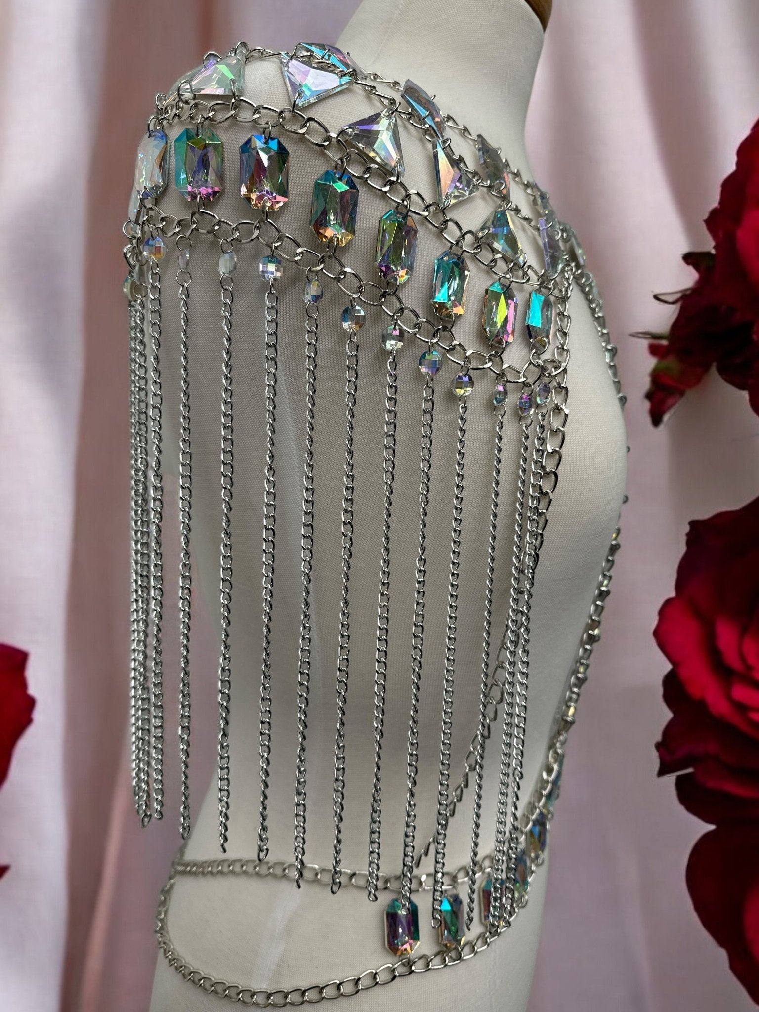 Boho Shoulder Rhinestone Tassel Body Chain – Festival Statement Jewellery - Fatisha Boutique