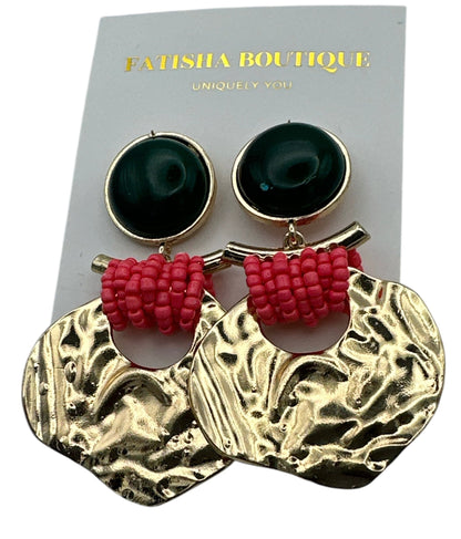 Bold Green and Pink Beaded Drop Earrings – Unique Gold Statement Jewelry for Women with Artistic Flair - Fatisha Boutique