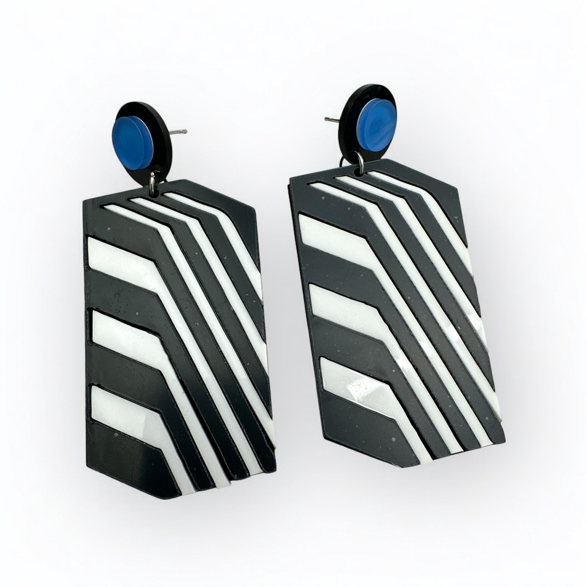Bold Retro Geometric Black & White Statement Earrings – Bold Acrylic Drop Earrings with Blue Stud - Fatisha Boutique
