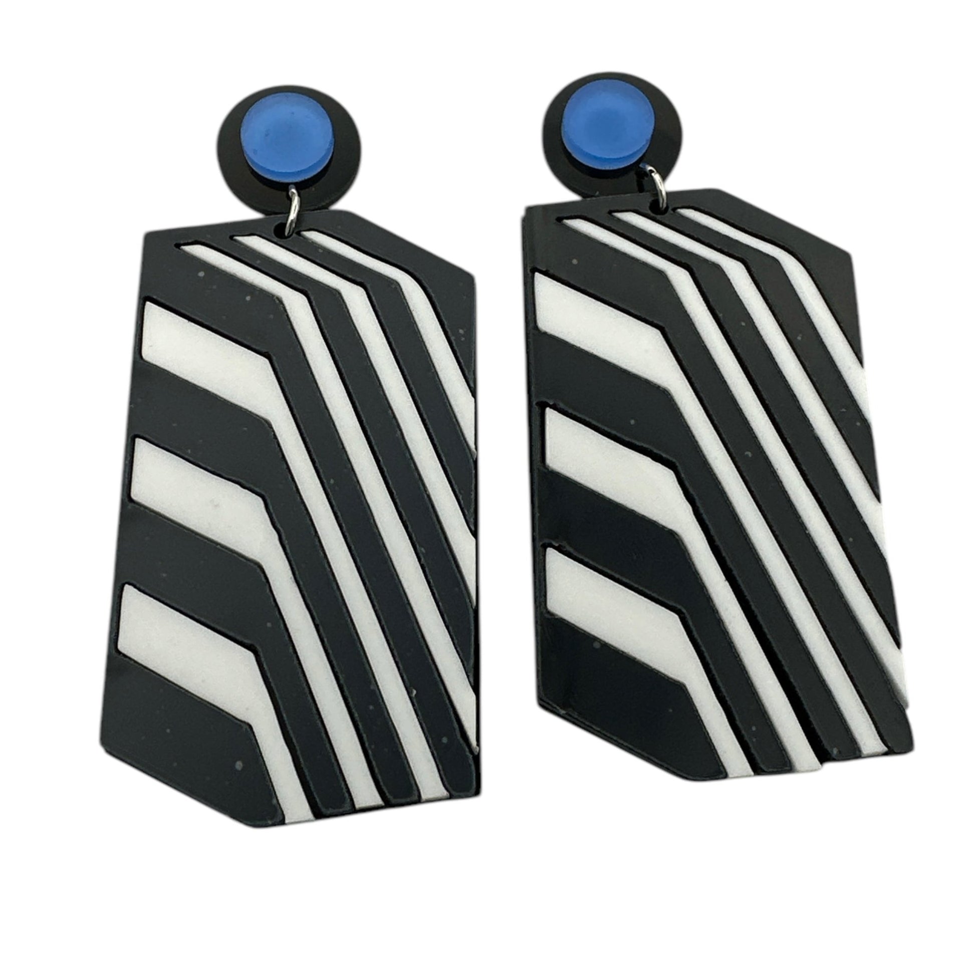 Bold Retro Geometric Black & White Statement Earrings – Bold Acrylic Drop Earrings with Blue Stud - Fatisha Boutique