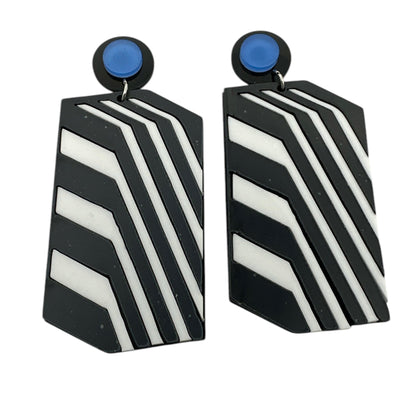 Bold Retro Geometric Black & White Statement Earrings – Bold Acrylic Drop Earrings with Blue Stud - Fatisha Boutique