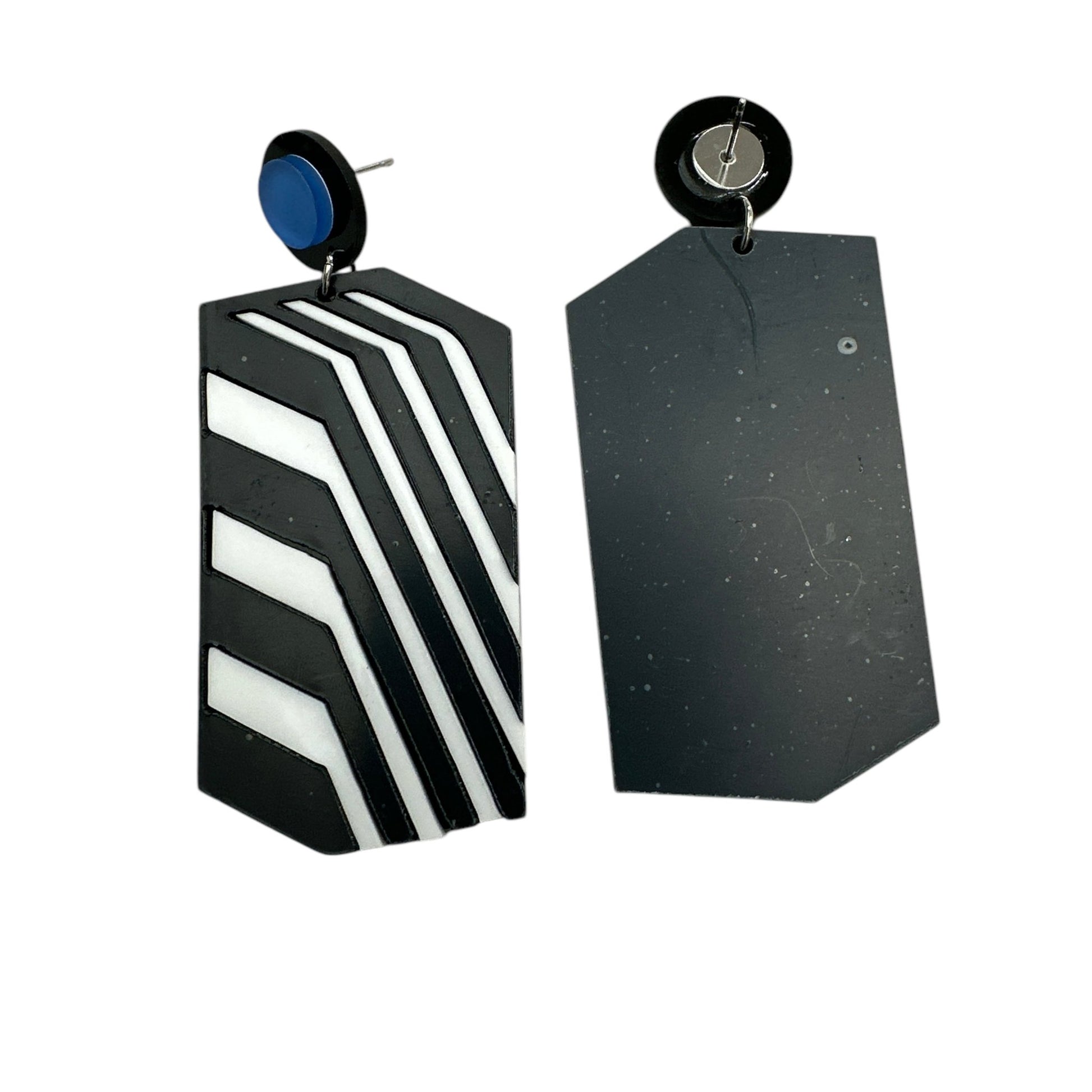 Bold Retro Geometric Black & White Statement Earrings – Bold Acrylic Drop Earrings with Blue Stud - Fatisha Boutique
