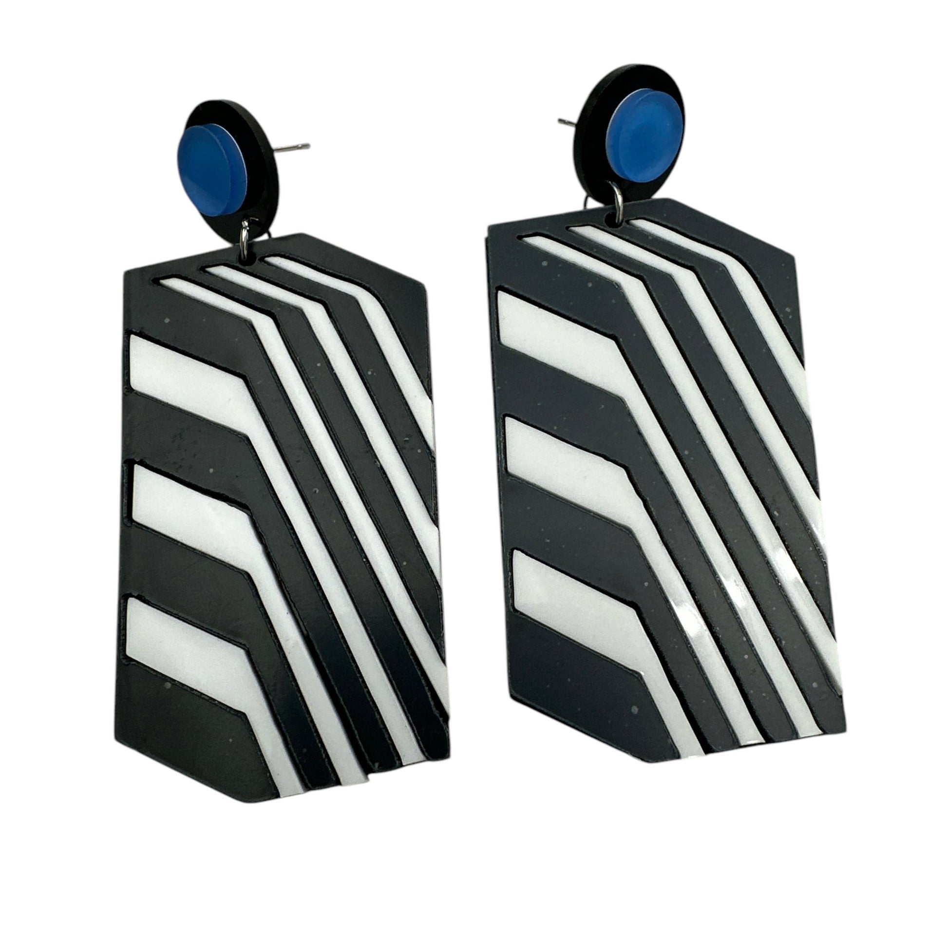 Bold Retro Geometric Black & White Statement Earrings – Bold Acrylic Drop Earrings with Blue Stud - Fatisha Boutique