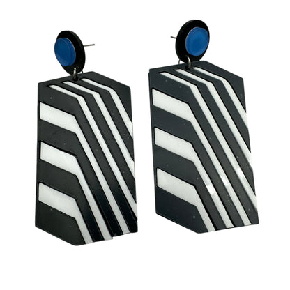 Bold Retro Geometric Black & White Statement Earrings – Bold Acrylic Drop Earrings with Blue Stud - Fatisha Boutique