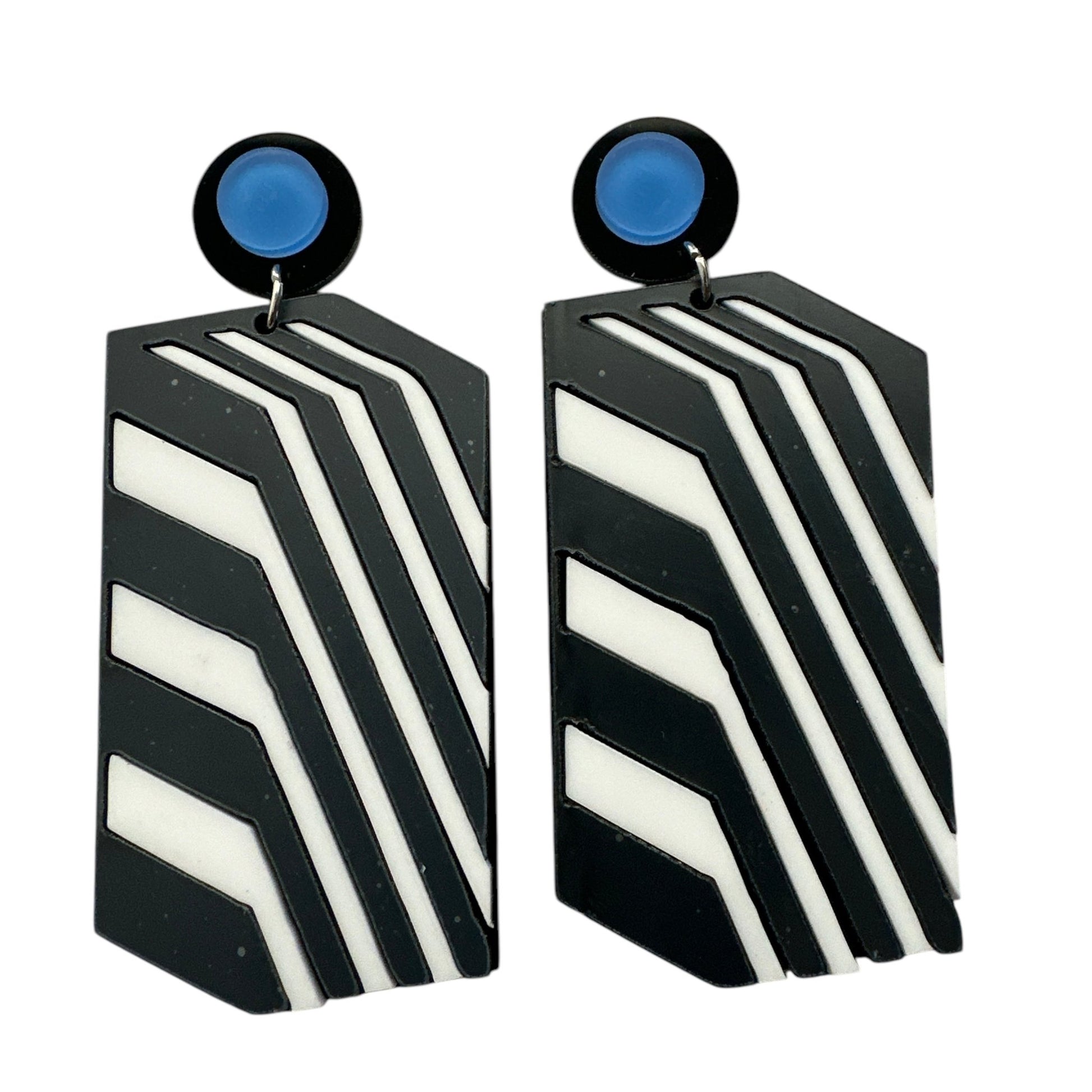 Bold Retro Geometric Black & White Statement Earrings – Bold Acrylic Drop Earrings with Blue Stud - Fatisha Boutique