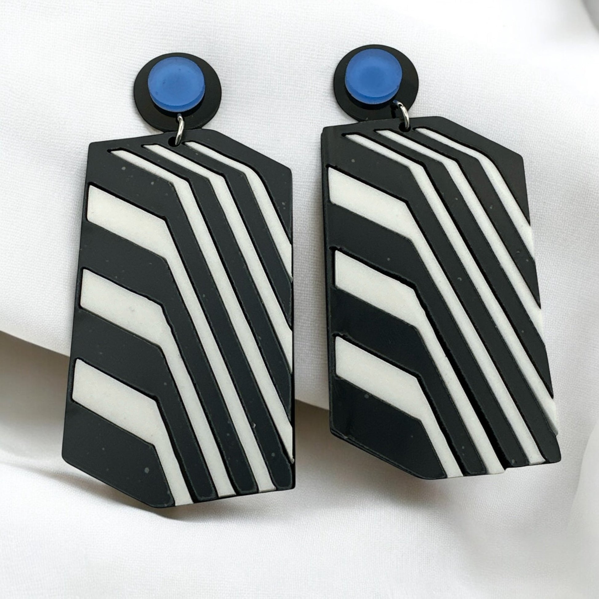 Bold Retro Geometric Black & White Statement Earrings – Bold Acrylic Drop Earrings with Blue Stud - Fatisha Boutique