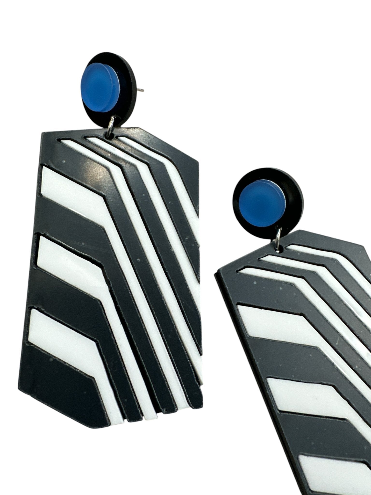 Bold Retro Geometric Black & White Statement Earrings – Bold Acrylic Drop Earrings with Blue Stud - Fatisha Boutique