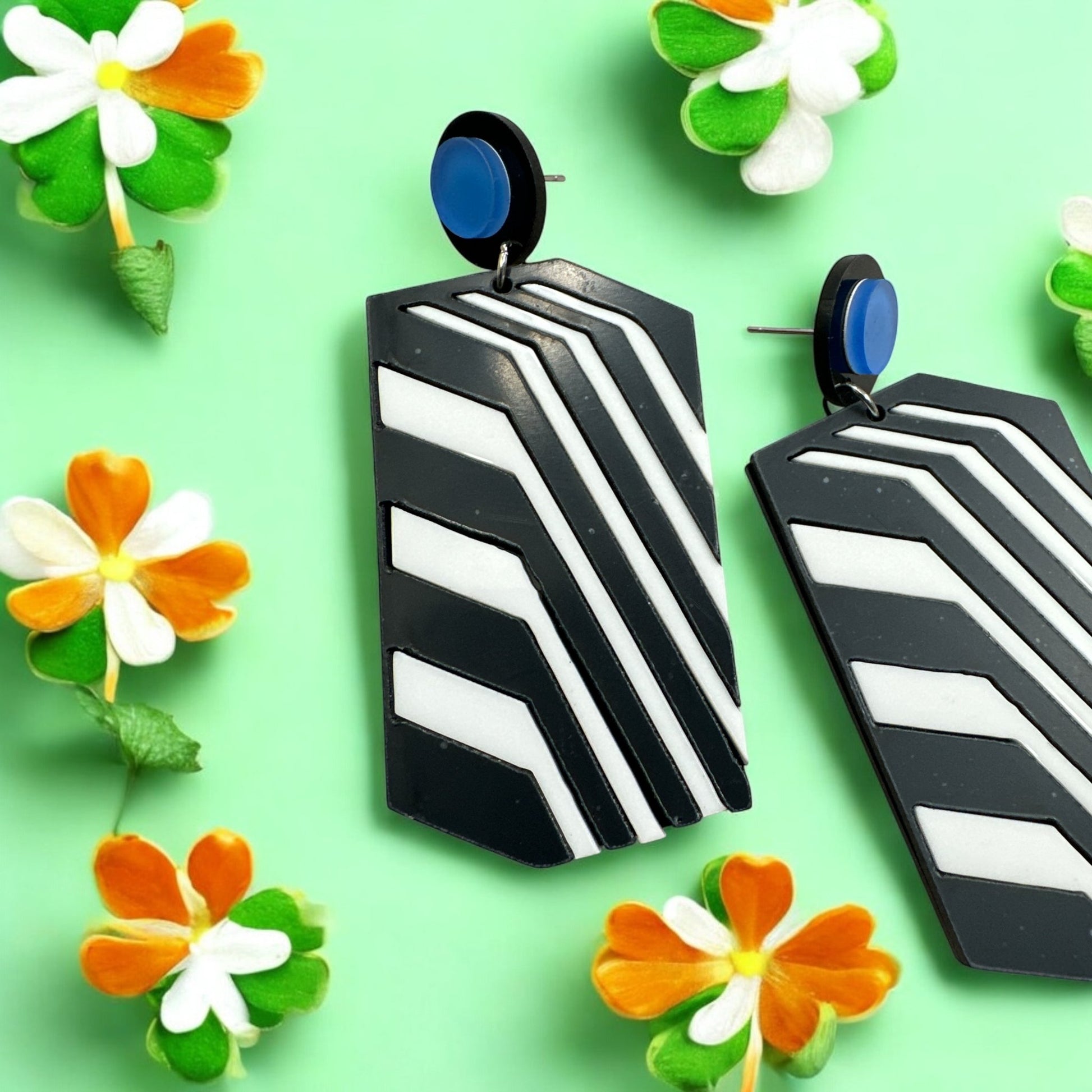 Bold Retro Geometric Black & White Statement Earrings – Bold Acrylic Drop Earrings with Blue Stud - Fatisha Boutique