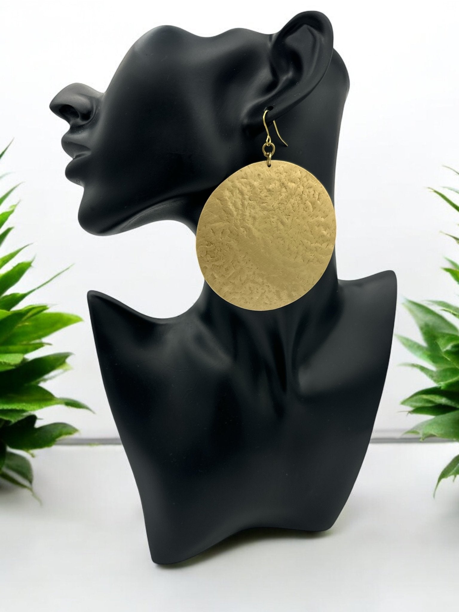 Bold Round Hammered Disc Brass Dangle Statement Earrings - Fatisha Boutique