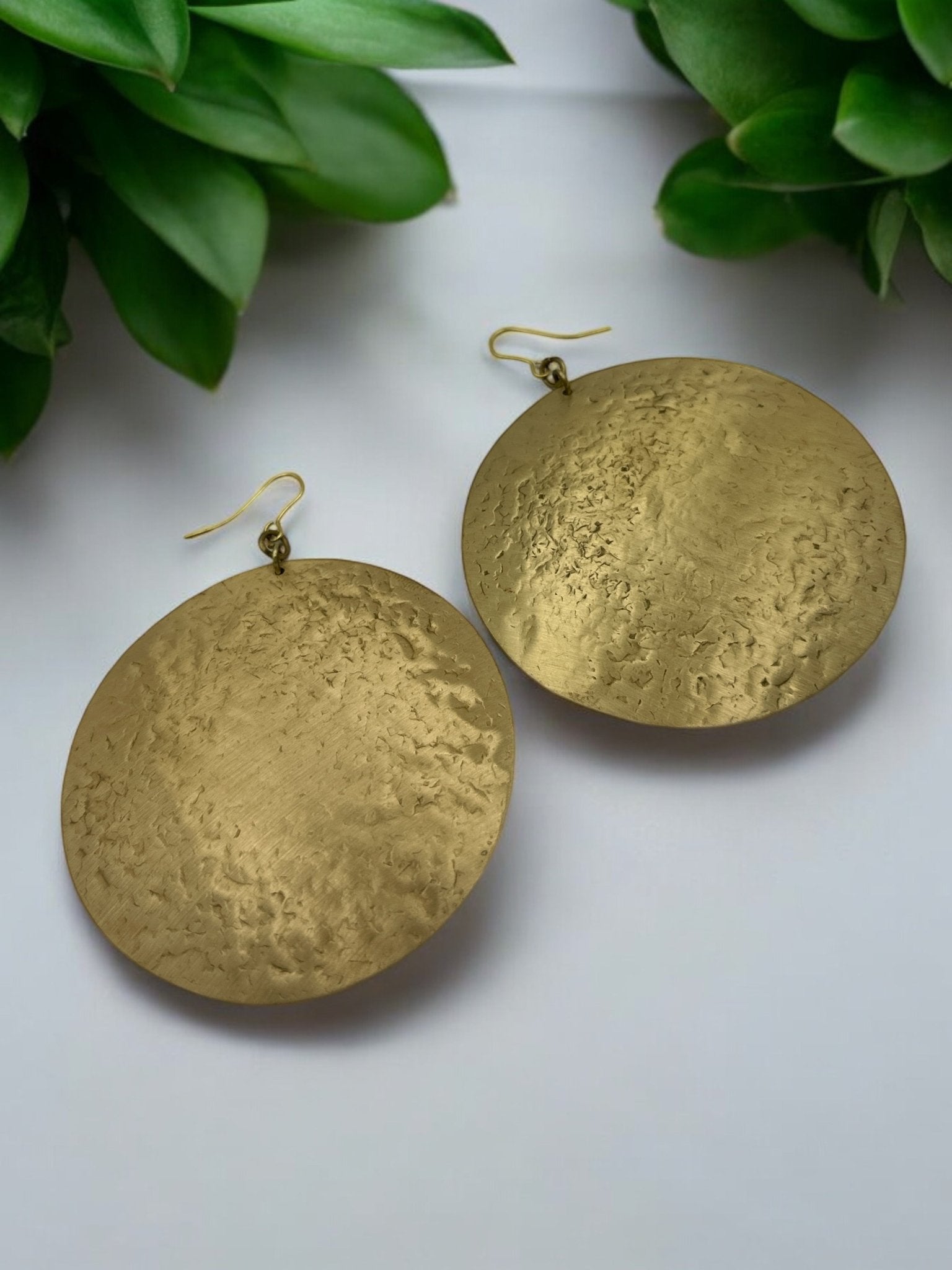 Bold Round Hammered Disc Brass Dangle Statement Earrings - Fatisha Boutique