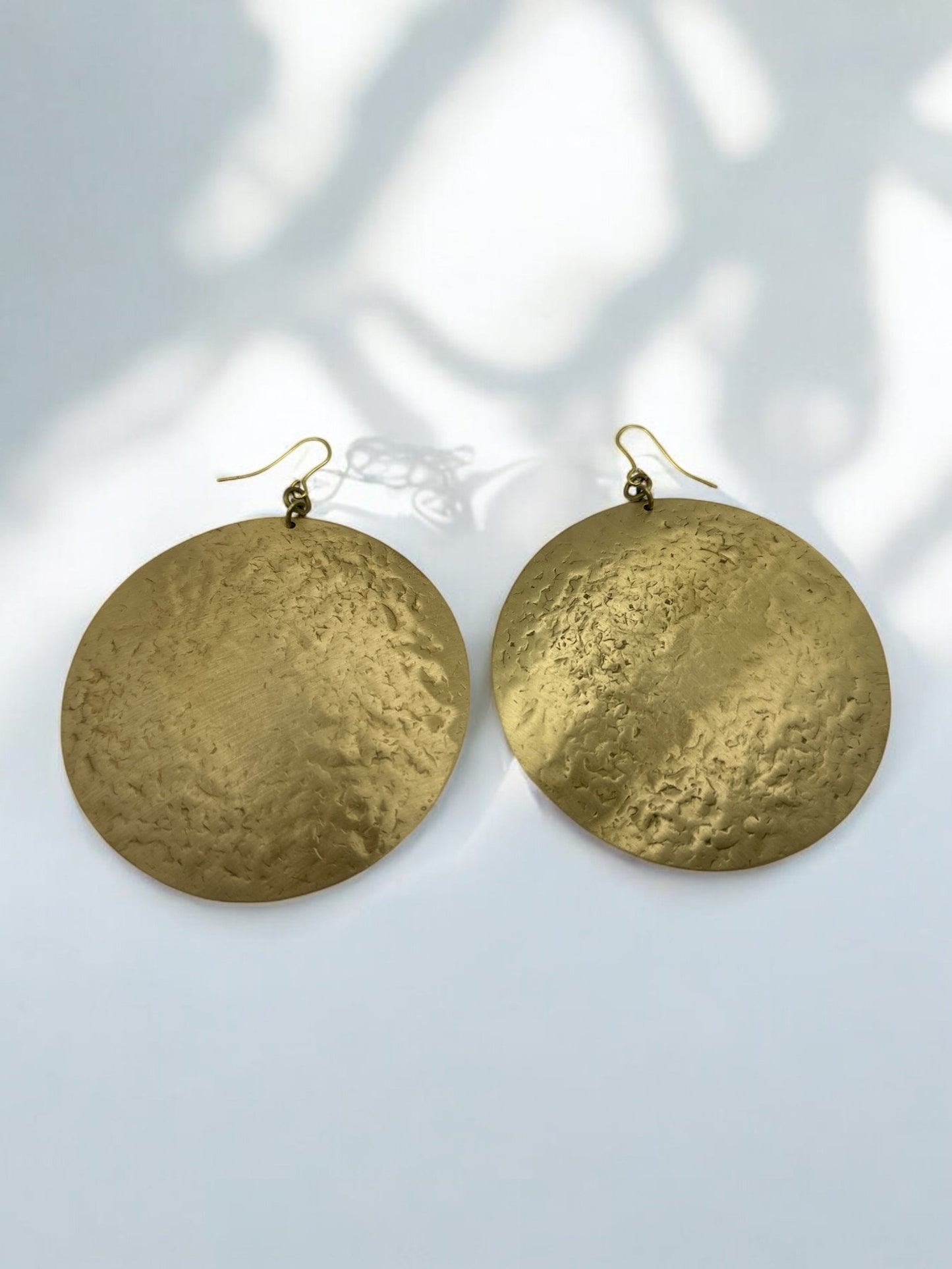 Bold Round Hammered Disc Brass Dangle Statement Earrings - Fatisha Boutique