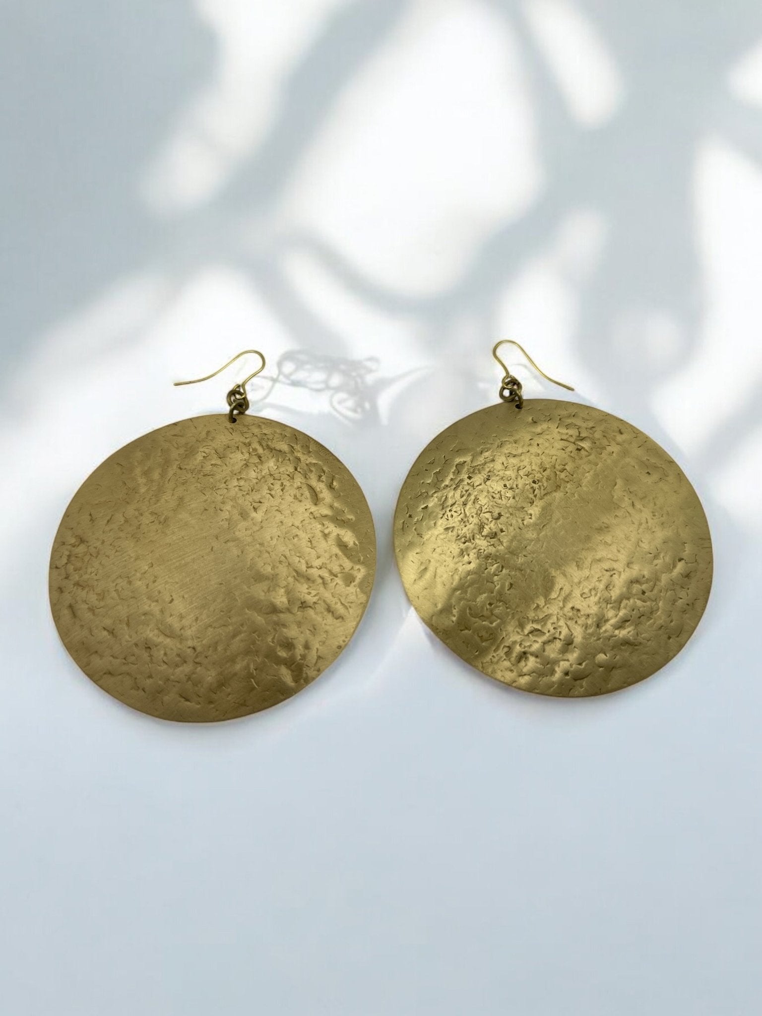 Bold Round Hammered Disc Brass Dangle Statement Earrings - Fatisha Boutique