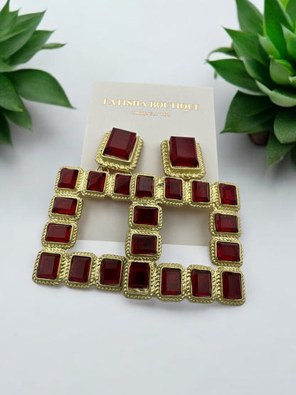 Bold Square Gemstone Statement Earrings - Fatisha Boutique