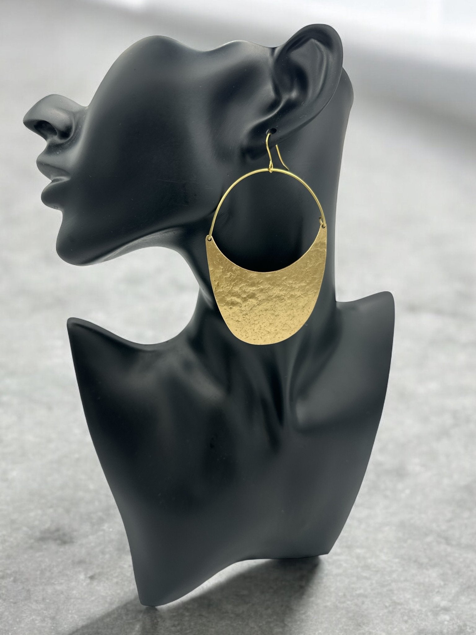 Brass Dangle Earrings - Modern Hammered Half - Moon Statement Jewellery - Fatisha Boutique