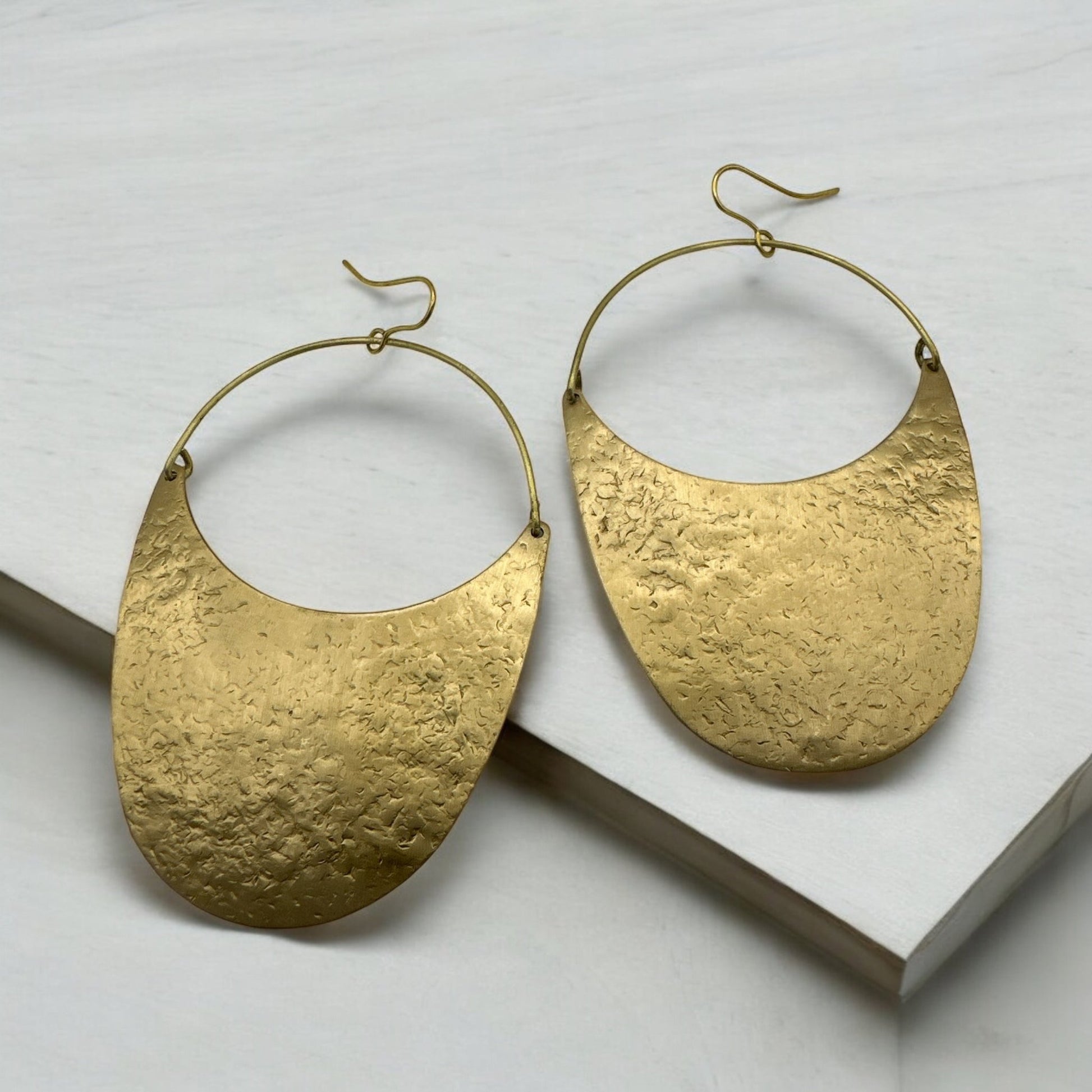 Brass Dangle Earrings - Modern Hammered Half - Moon Statement Jewellery - Fatisha Boutique