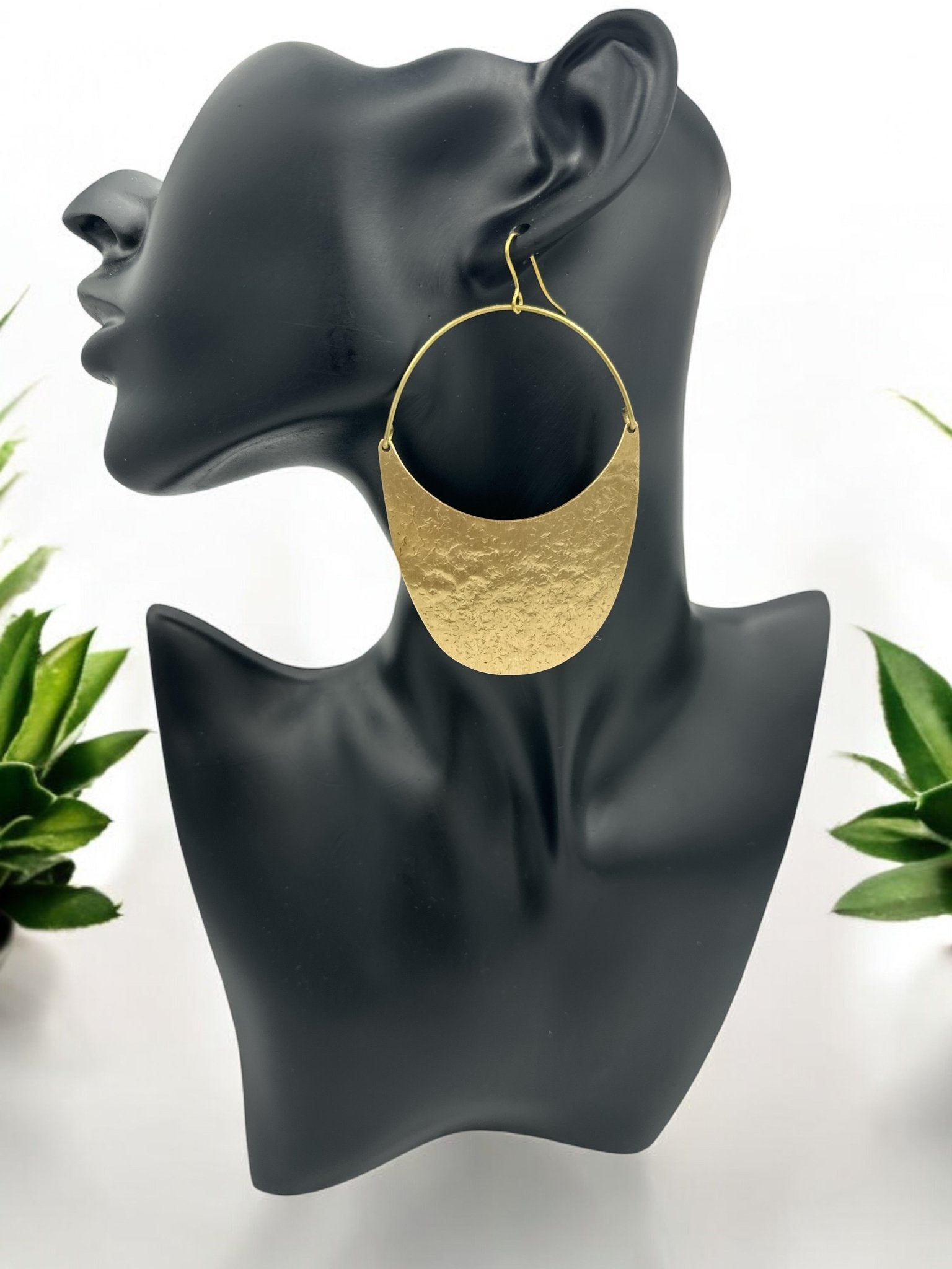 Brass Dangle Earrings - Modern Hammered Half - Moon Statement Jewellery - Fatisha Boutique