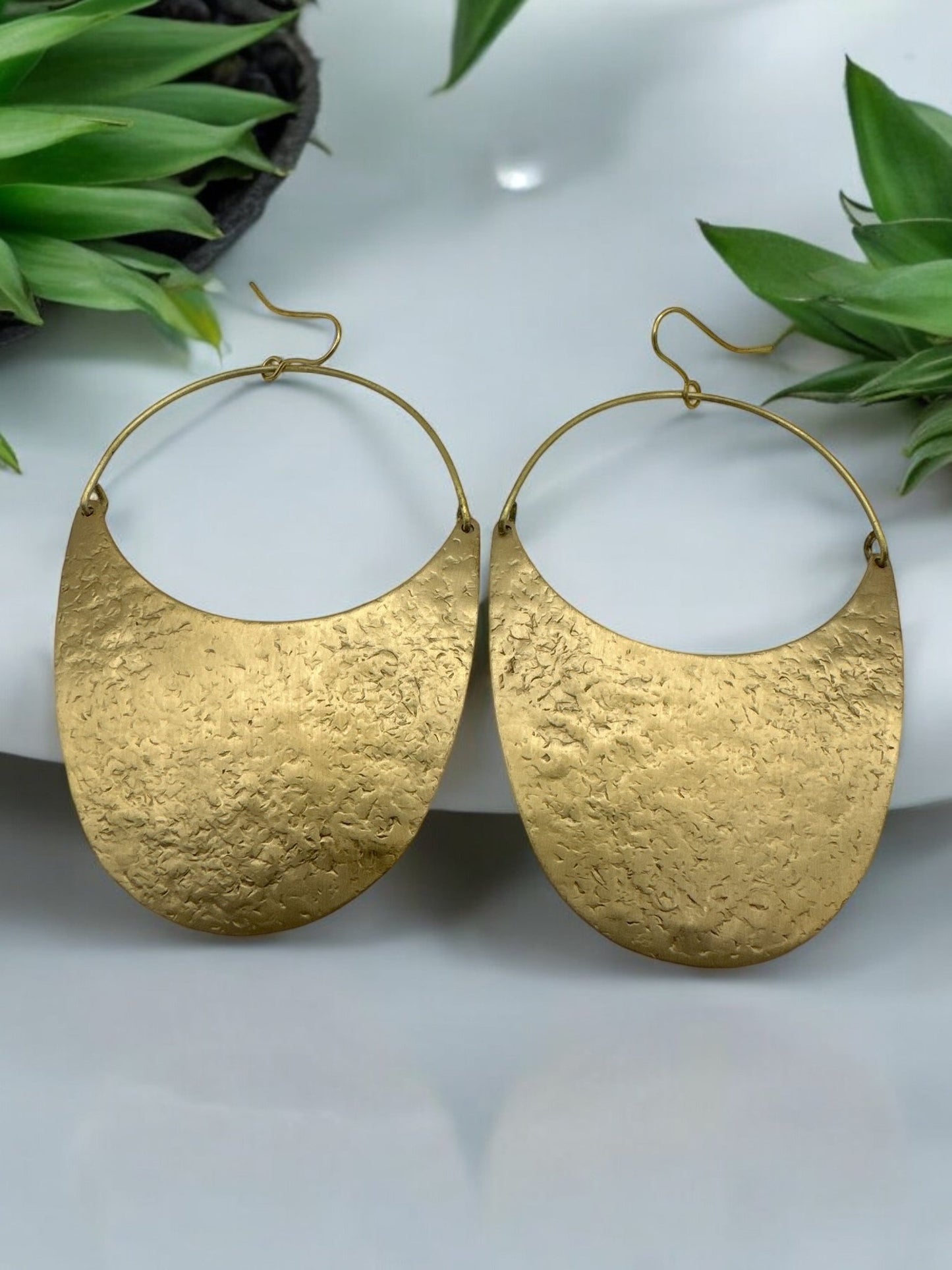 Brass Dangle Earrings - Modern Hammered Half - Moon Statement Jewellery - Fatisha Boutique