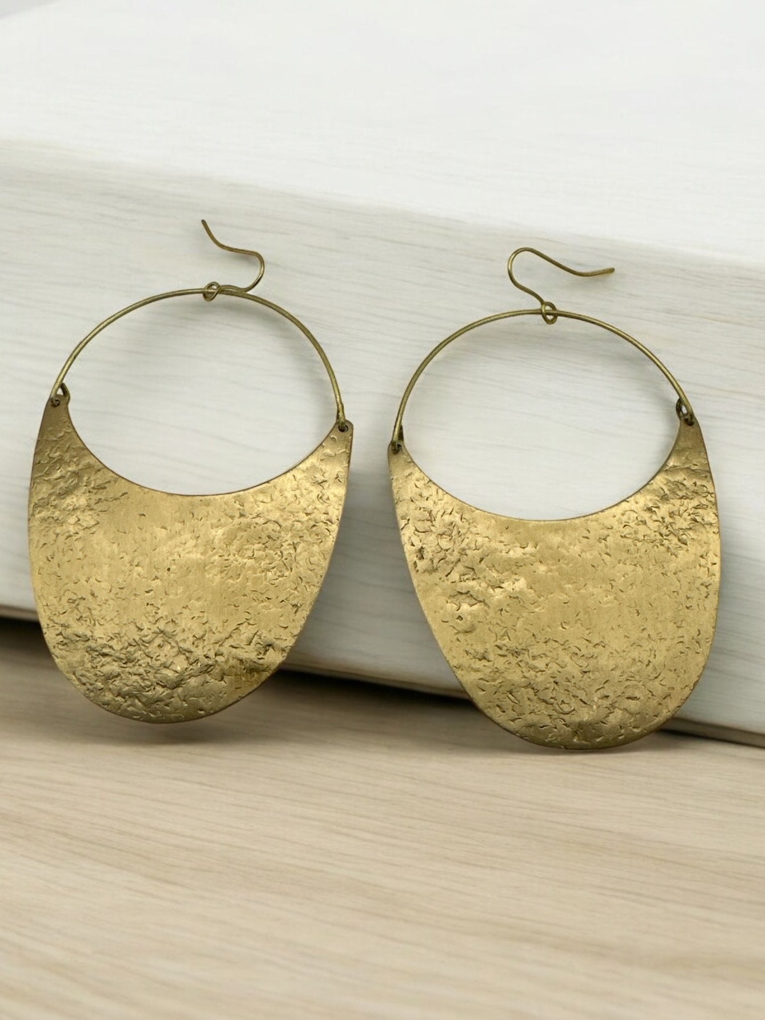 Brass Dangle Earrings - Modern Hammered Half - Moon Statement Jewellery - Fatisha Boutique