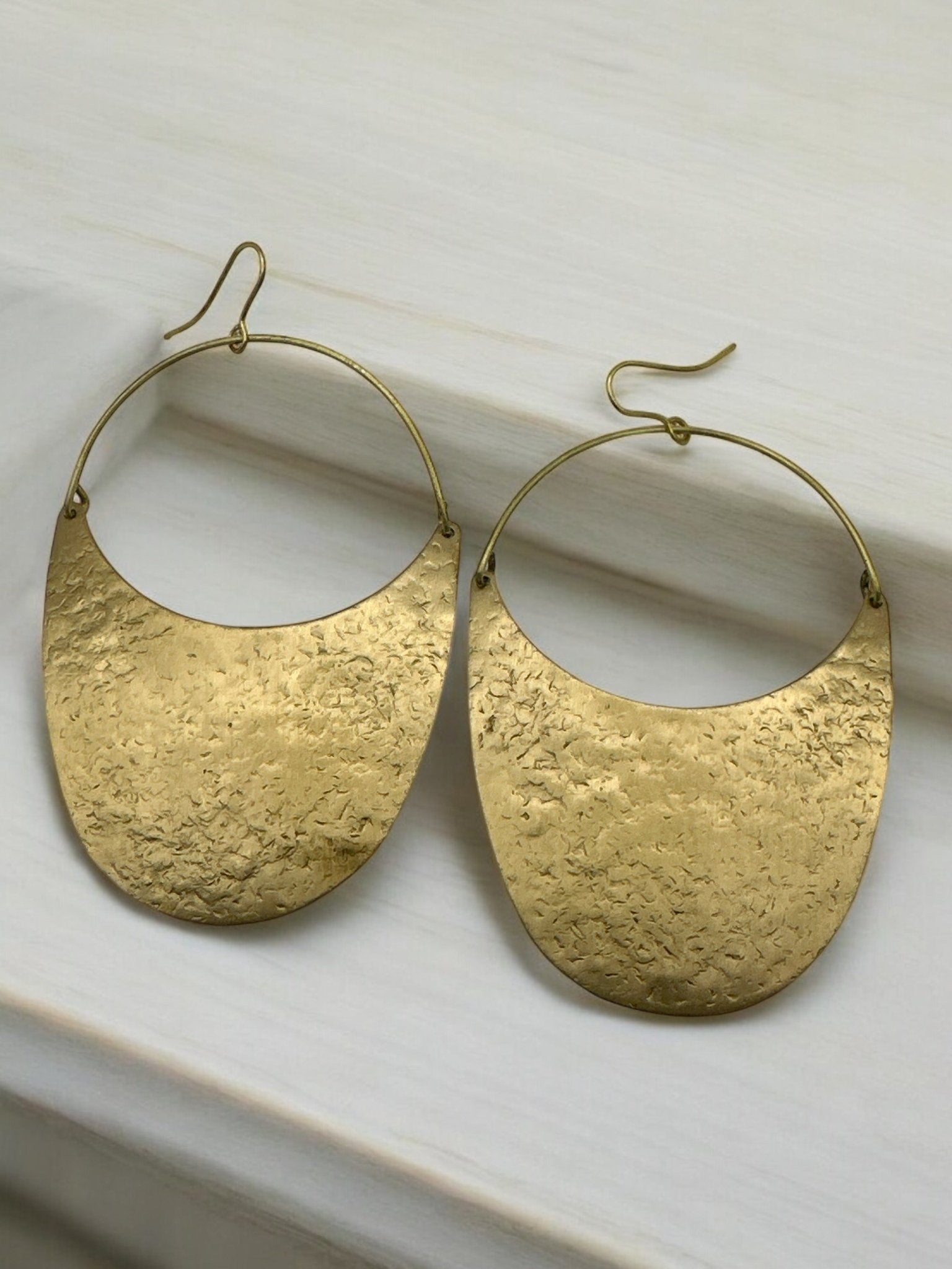 Brass Dangle Earrings - Modern Hammered Half - Moon Statement Jewellery - Fatisha Boutique
