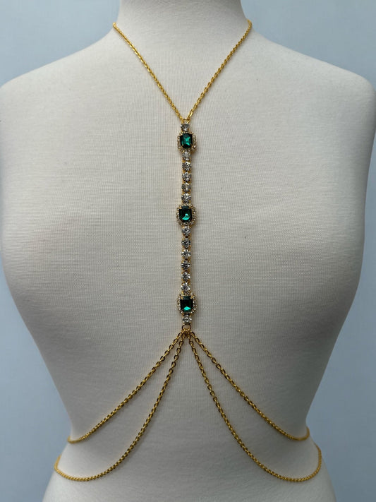 Centred Green Rhinestone Bralette Statement Body Chain Jewellery - Fatisha Boutique